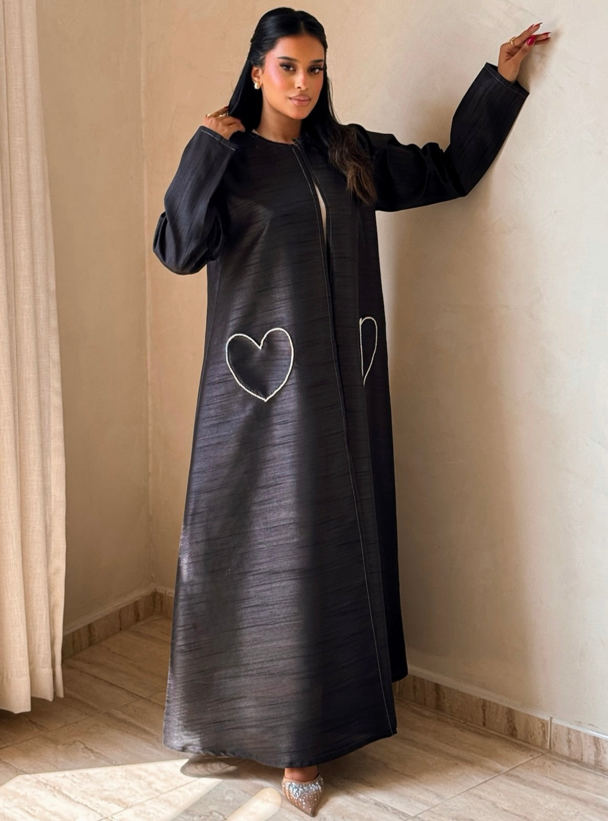 MEI730 - Black A-Cut Taffeta & Crystals Abaya with Headscarf