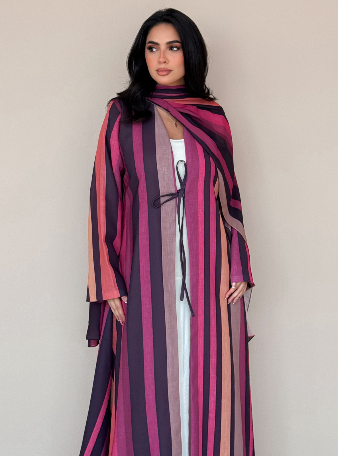 MEI764 - Striped A-Cut Linen Abaya with Matching Headscarf