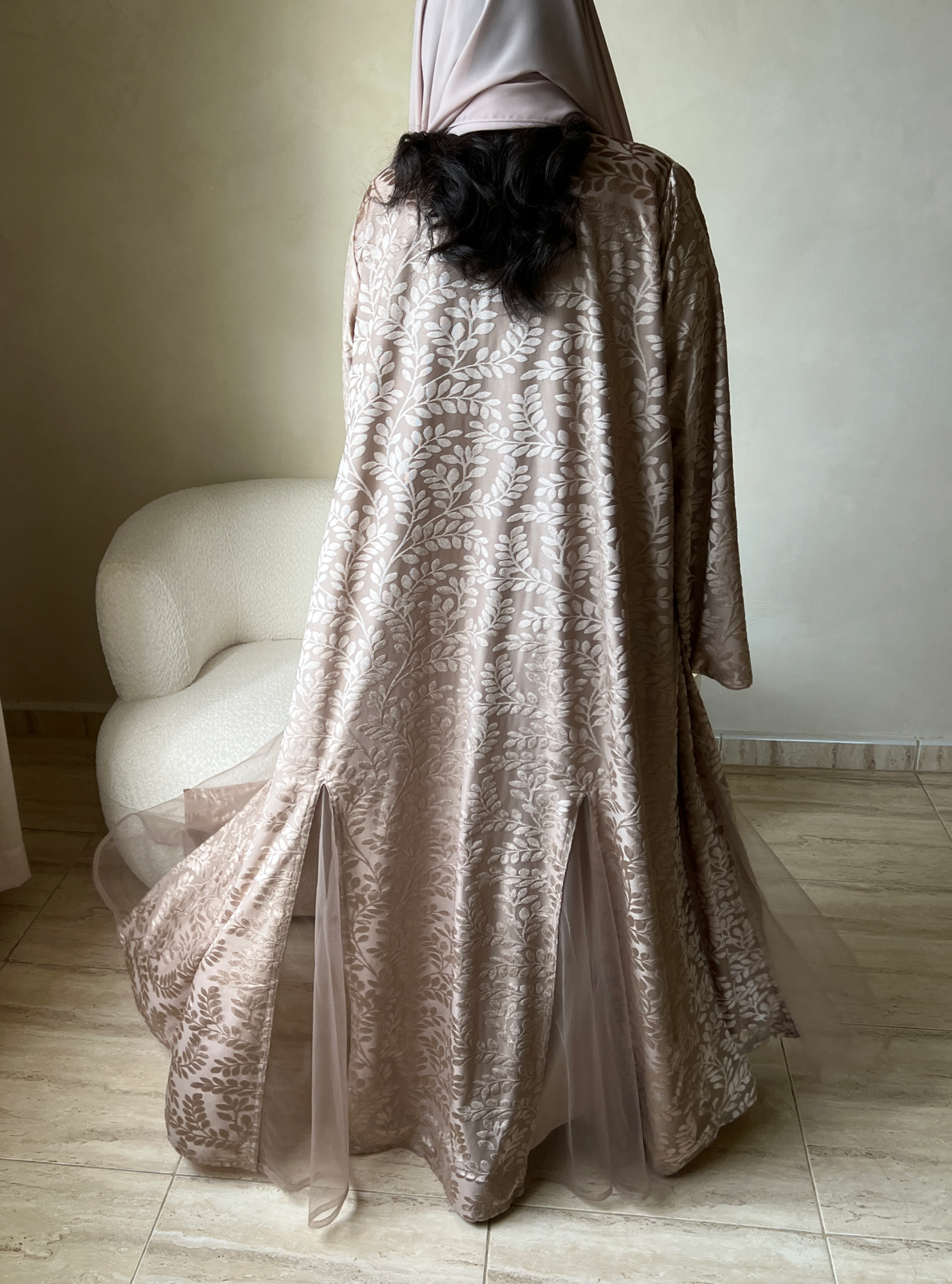 MEI532 - Beige Velvet Abaya with Tulle