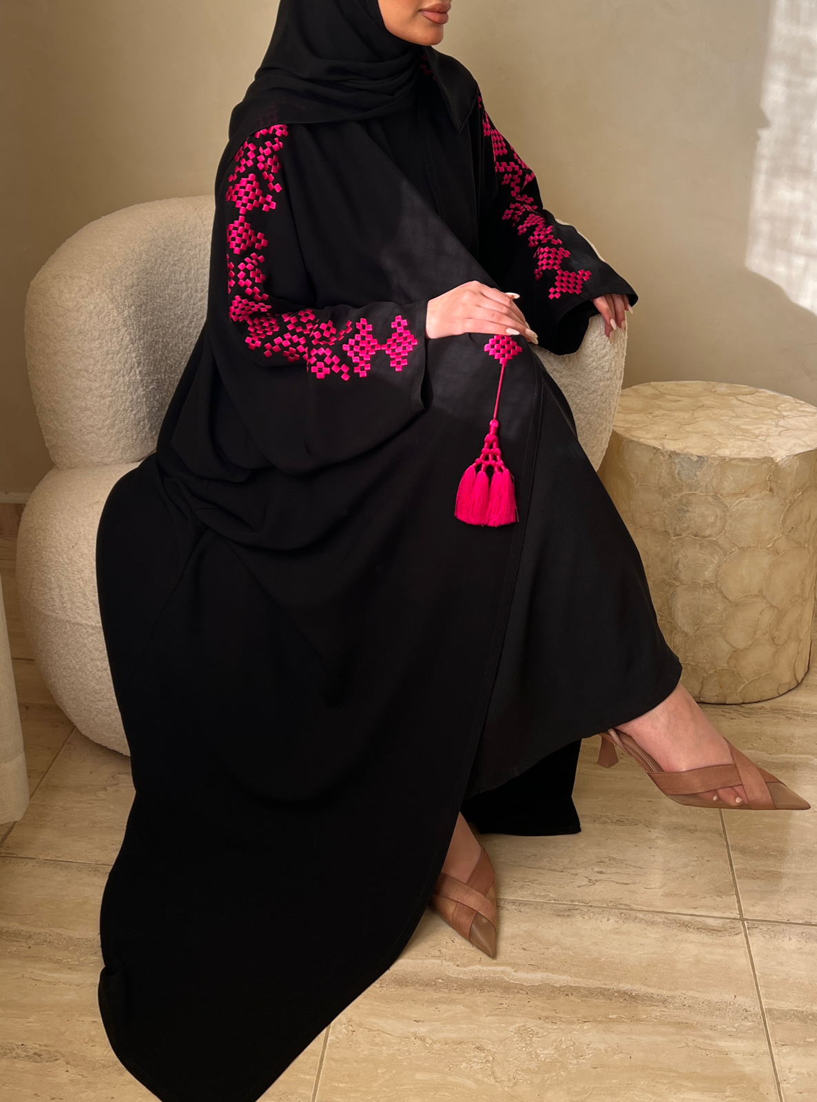 MEI536 - Black Abaya with Pink Embroidery