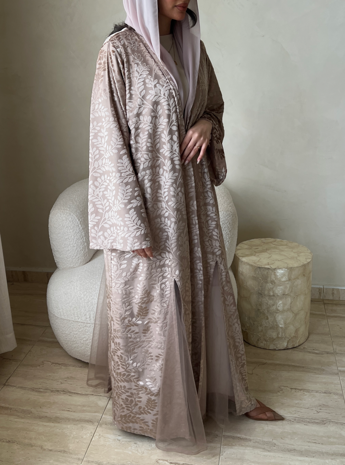 MEI532 - Beige Velvet Abaya with Tulle