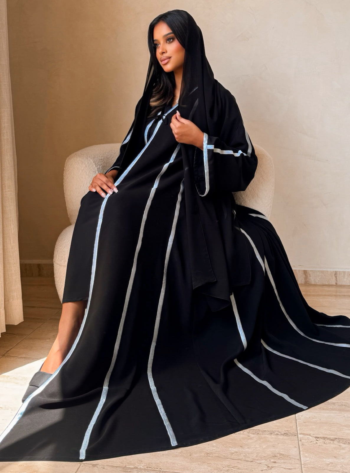 MEI733 - Black A-Cut Abaya with Light Blue Embroidery & Matching Headscarf