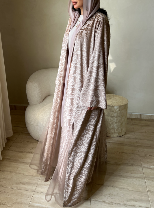 MEI532 - Beige Velvet Abaya with Tulle