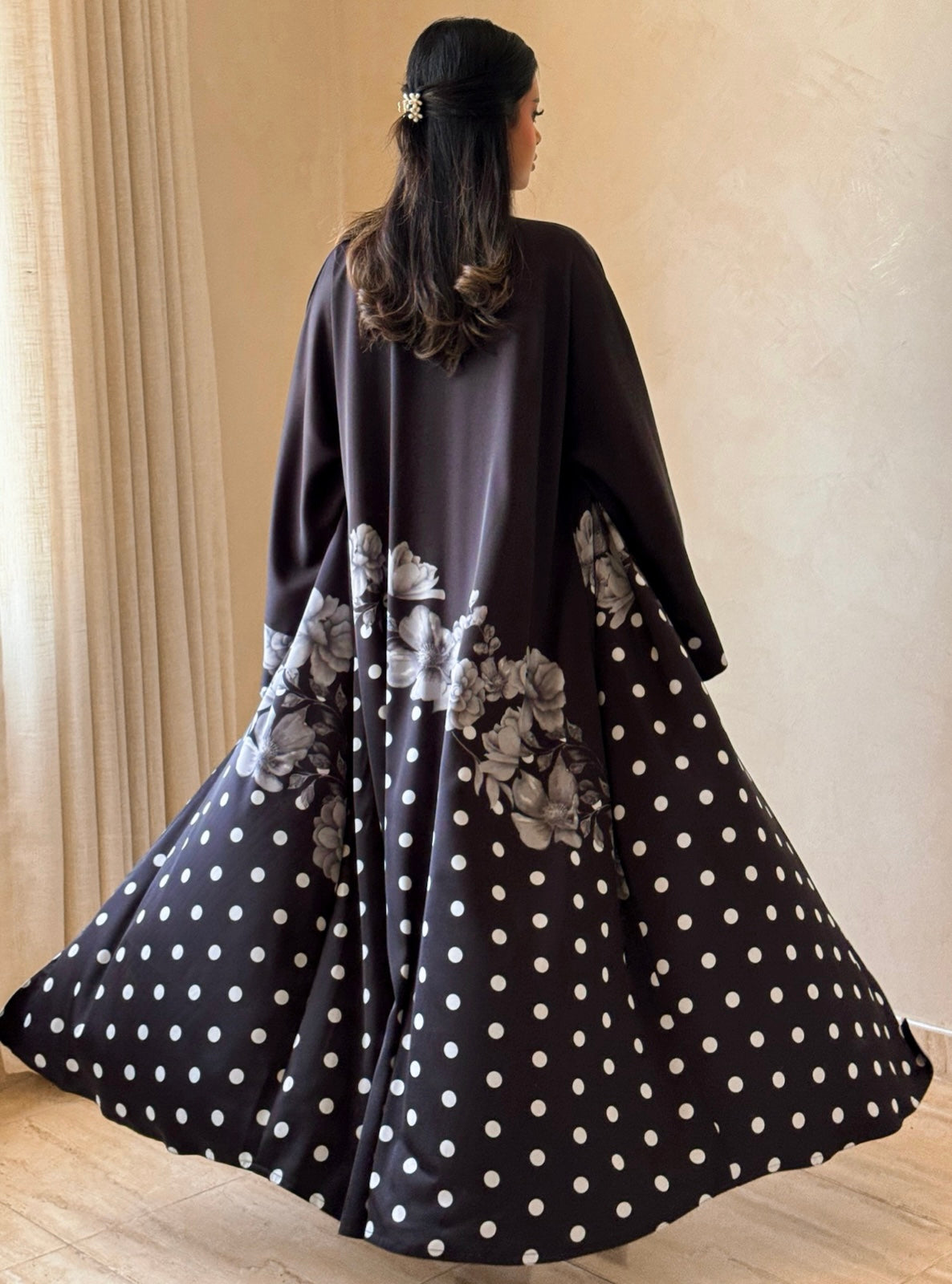 MEI743 - Black Half Bisht Polka Floral Abaya with Matching Headscarf