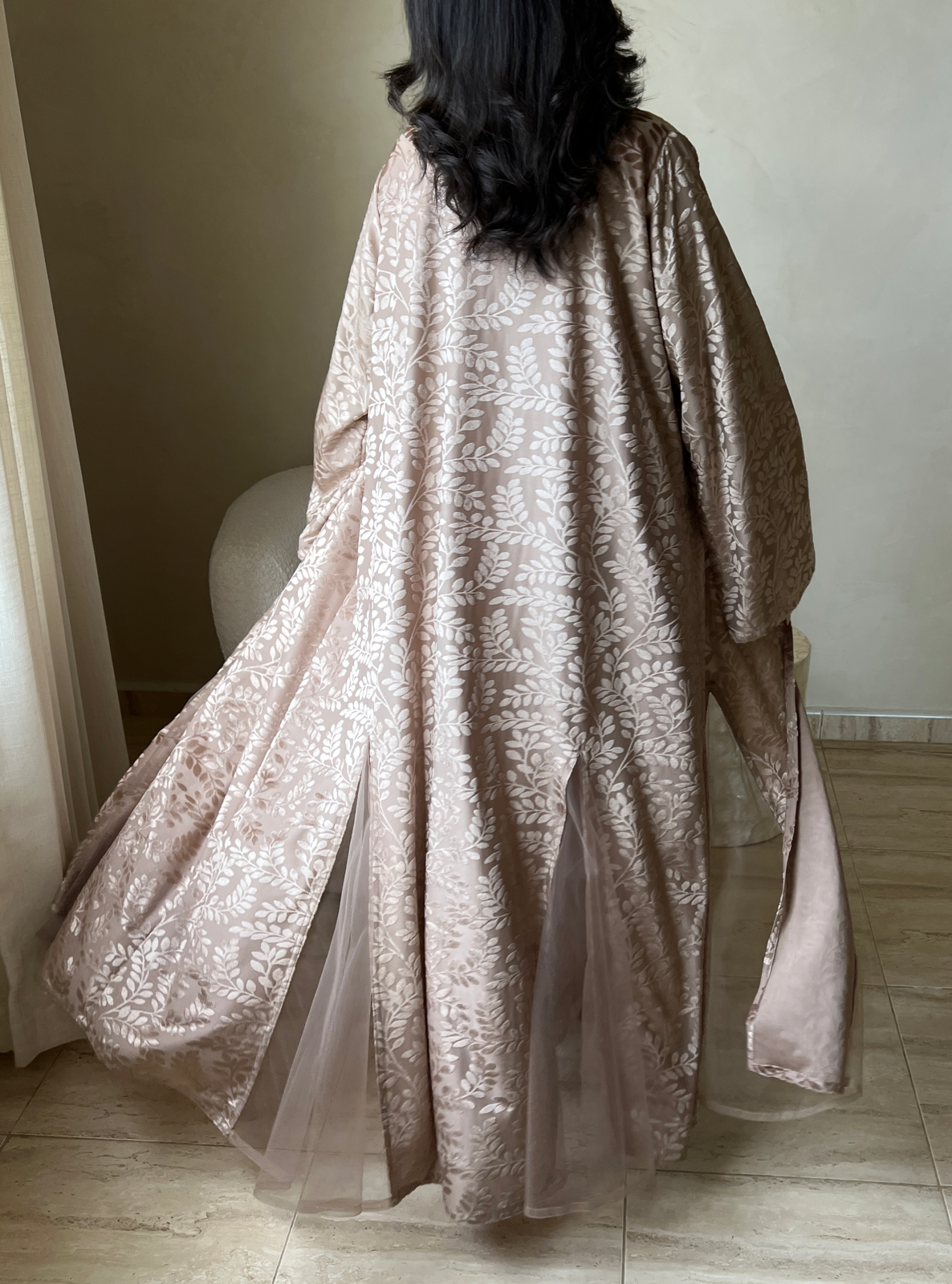 MEI532 - Beige Velvet Abaya with Tulle