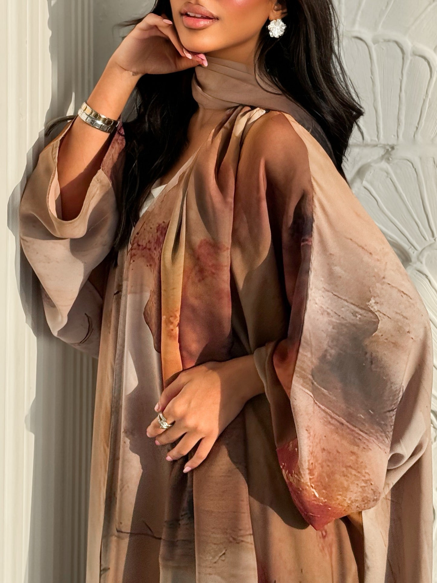 MEI626 - Brown Floral Print Abaya