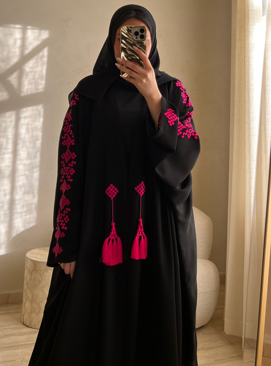 MEI536 - Black Abaya with Pink Embroidery