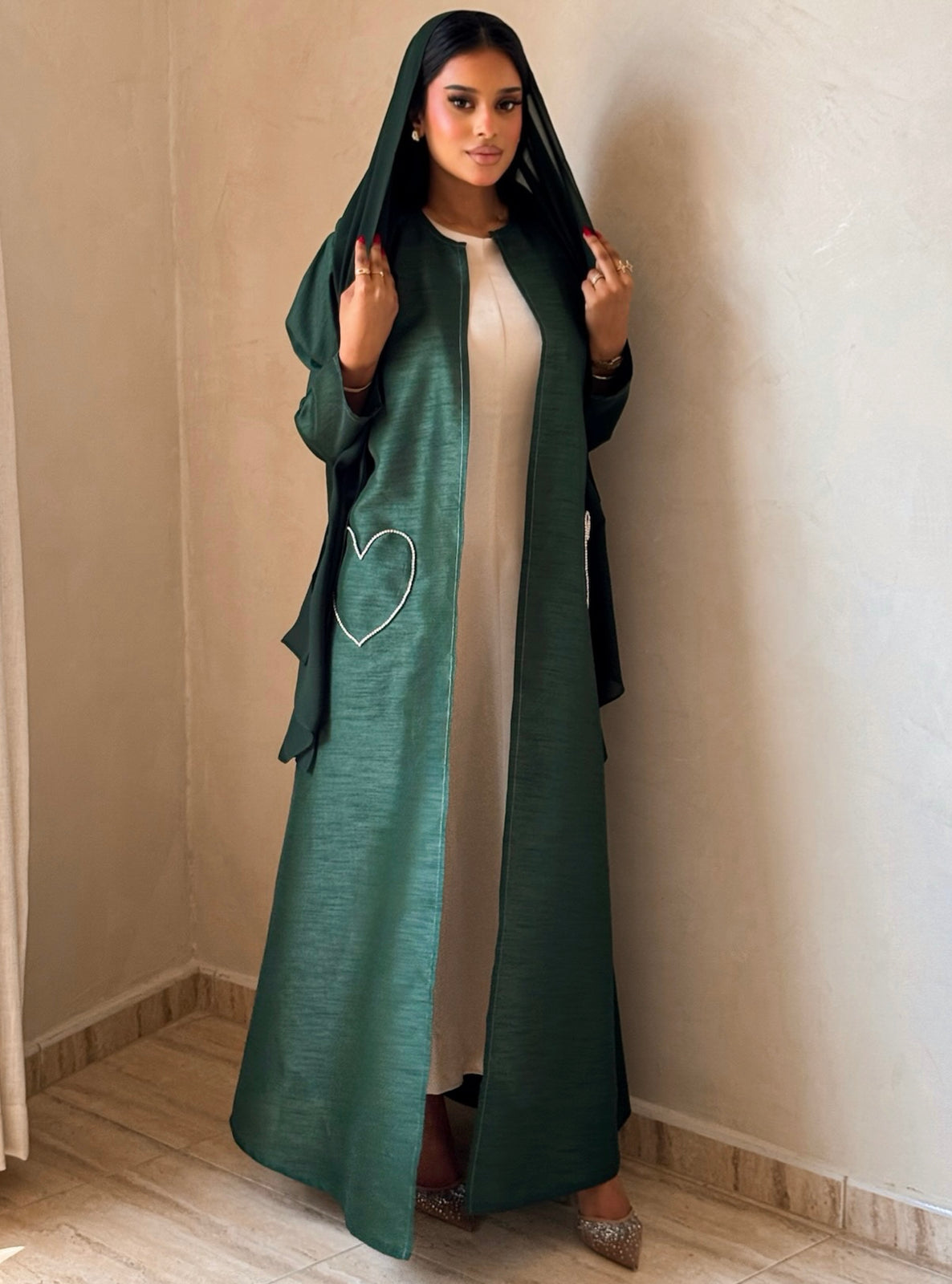 MEI727 - Green A-Cut Taffeta & Crystals Abaya with Headscarf