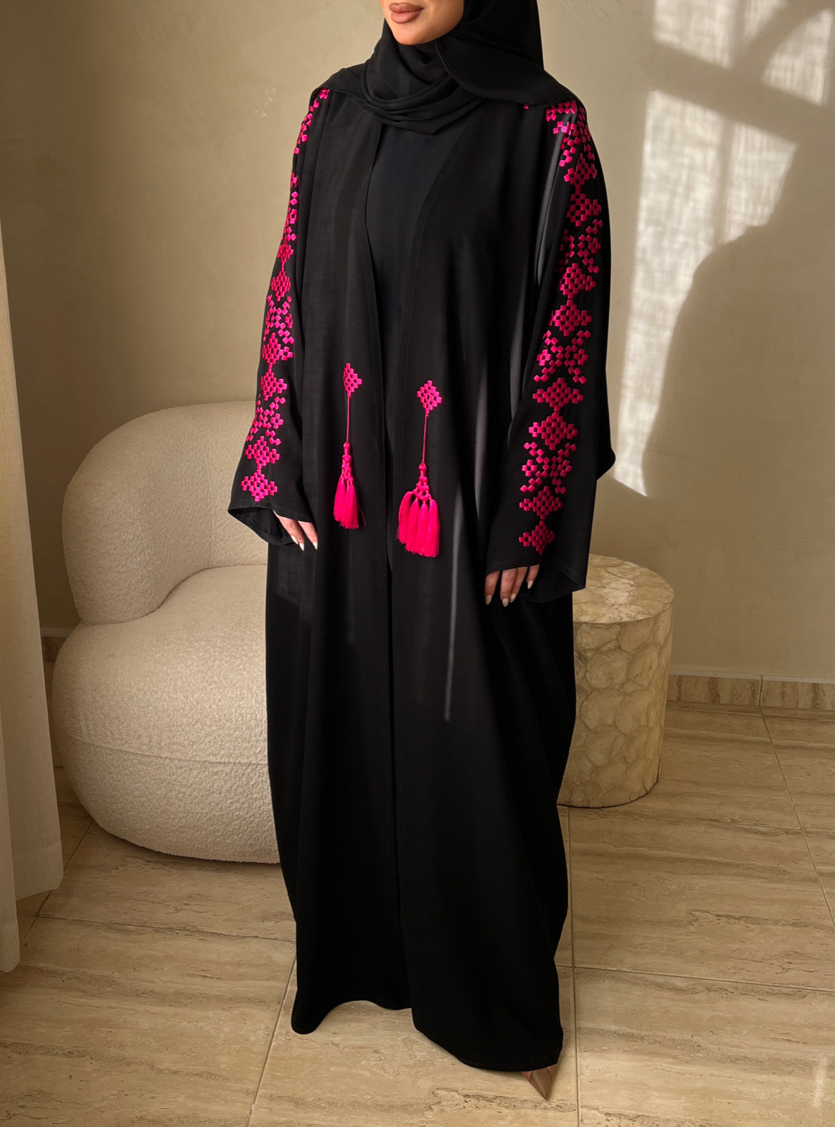 MEI536 - Black Abaya with Pink Embroidery