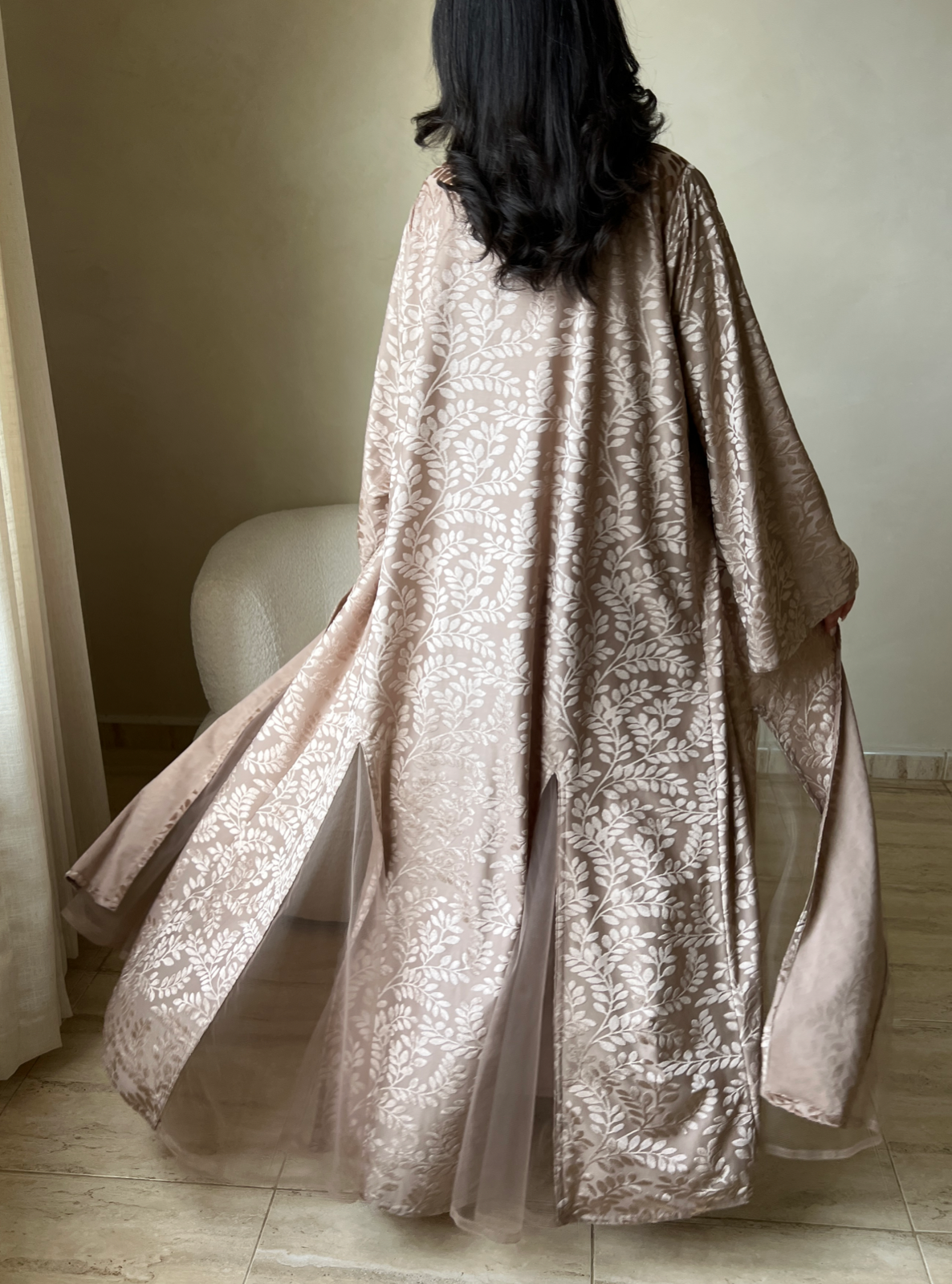 MEI532 - Beige Velvet Abaya with Tulle