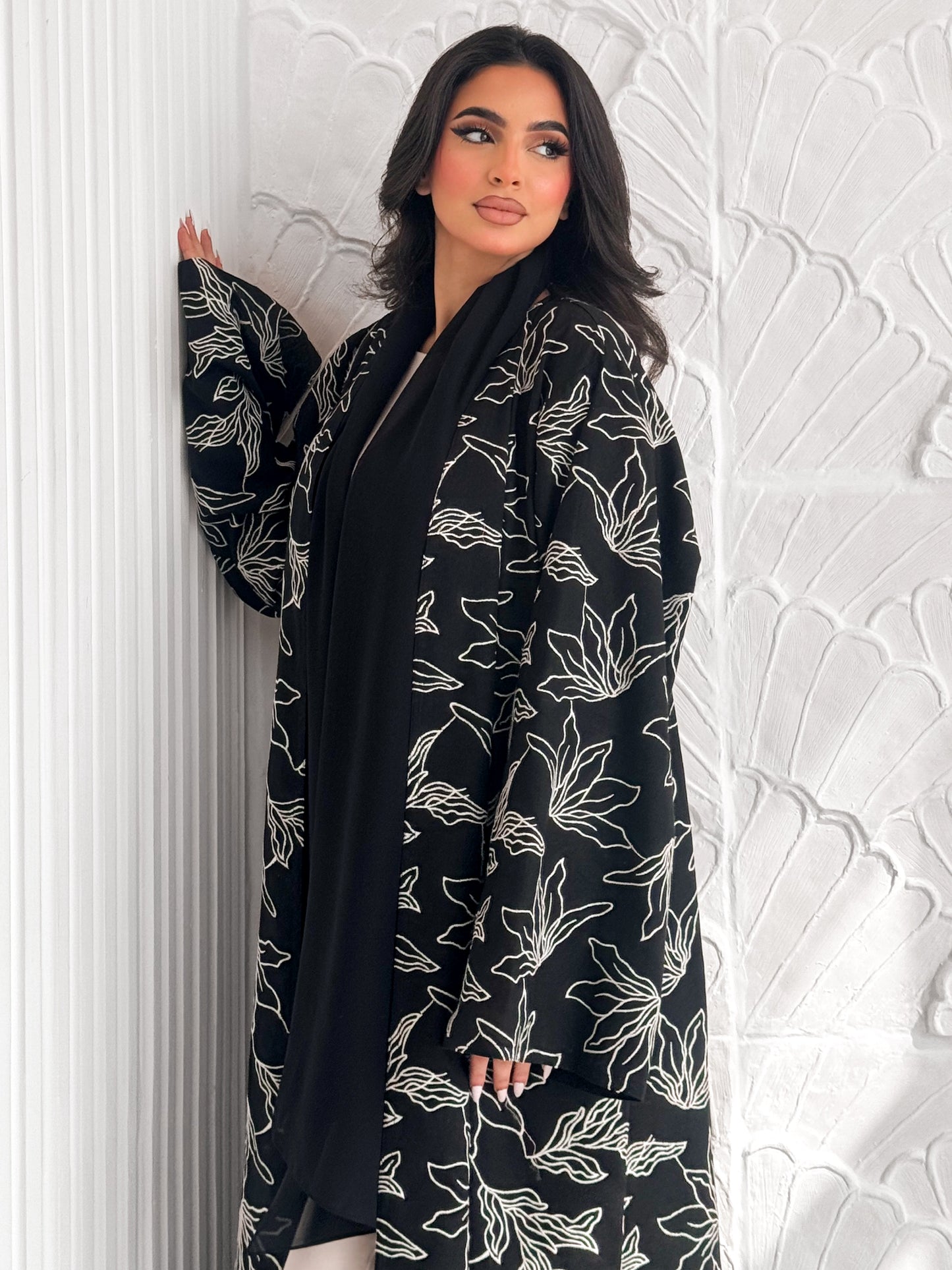MEI608 - Indian Linen Abaya with Off White Embroidery