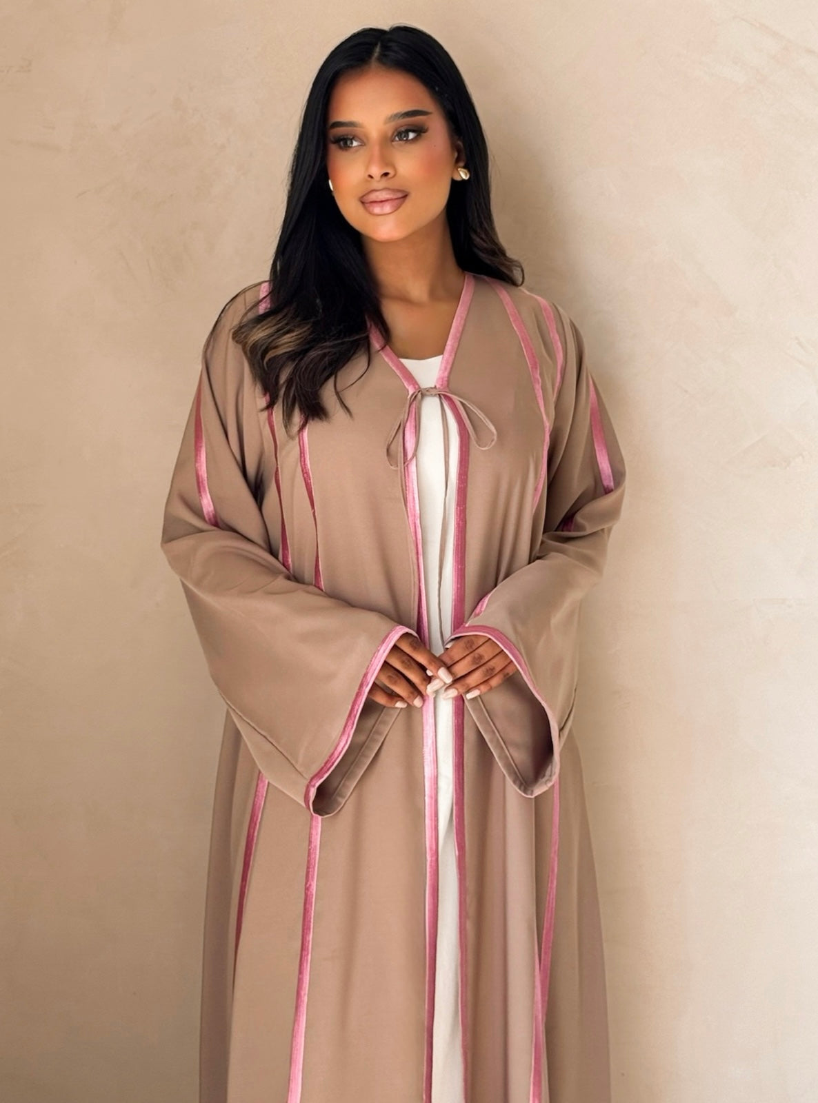 MEI737 - Dark Beige A-Cut Abaya with Pink Embroidery & Matching Headscarf