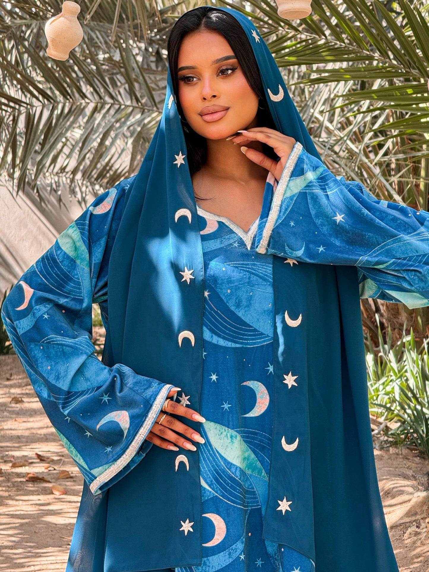 MEI707 - Teal Stars & Moon Embroidered Jalabiya with Headscarf
