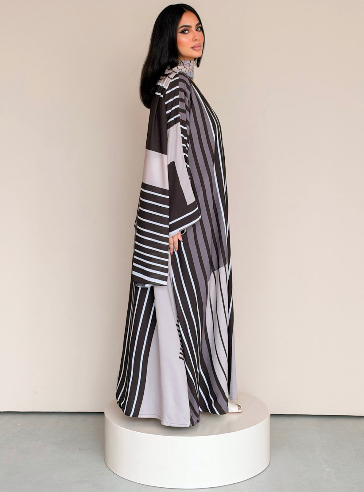 MEI788 - Stripes Print Half Bisht Abaya with Matching Headscarf