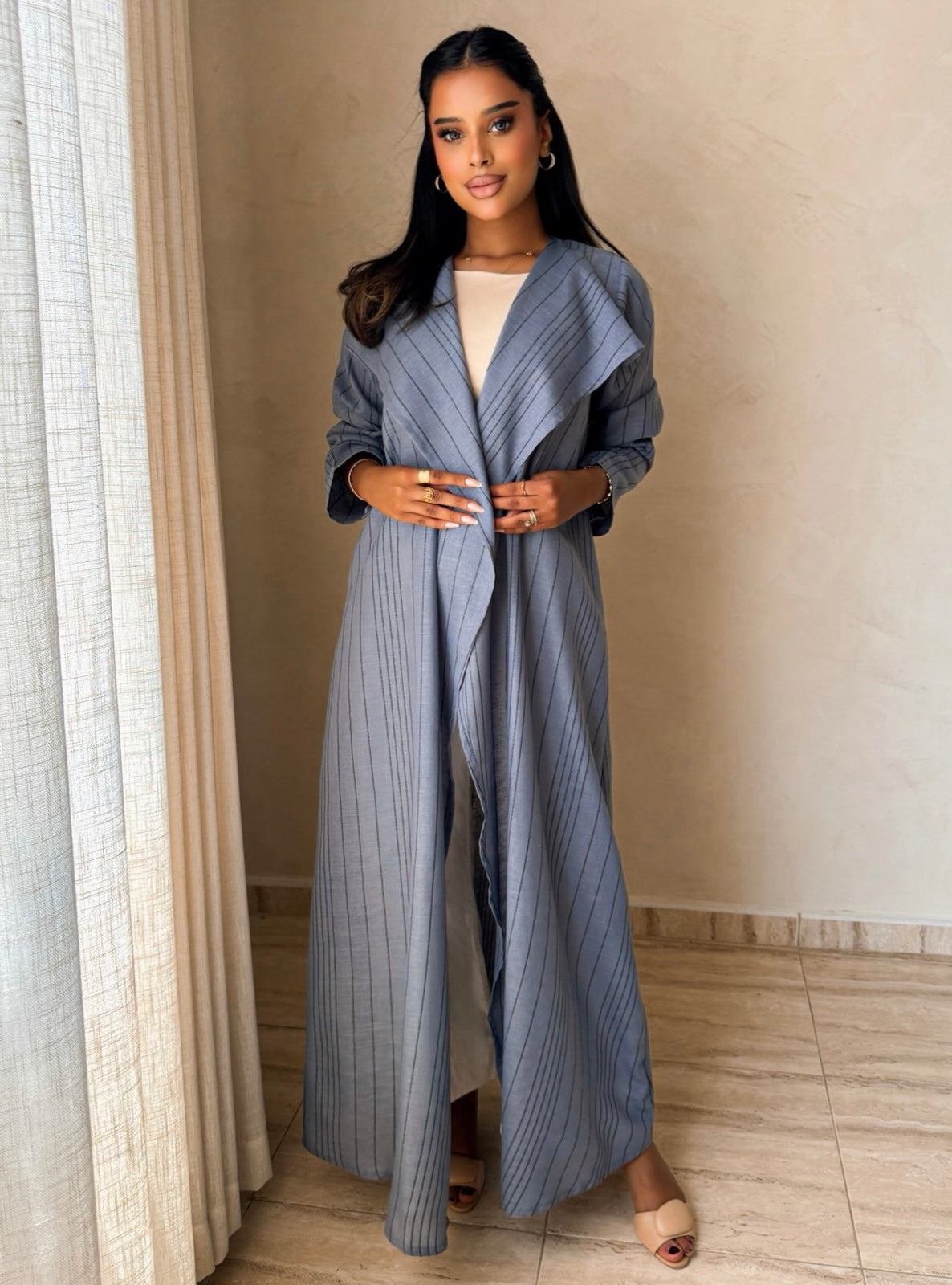 MEI751 - Steel Blue A-Cut Linen Abaya with Matching Headscarf