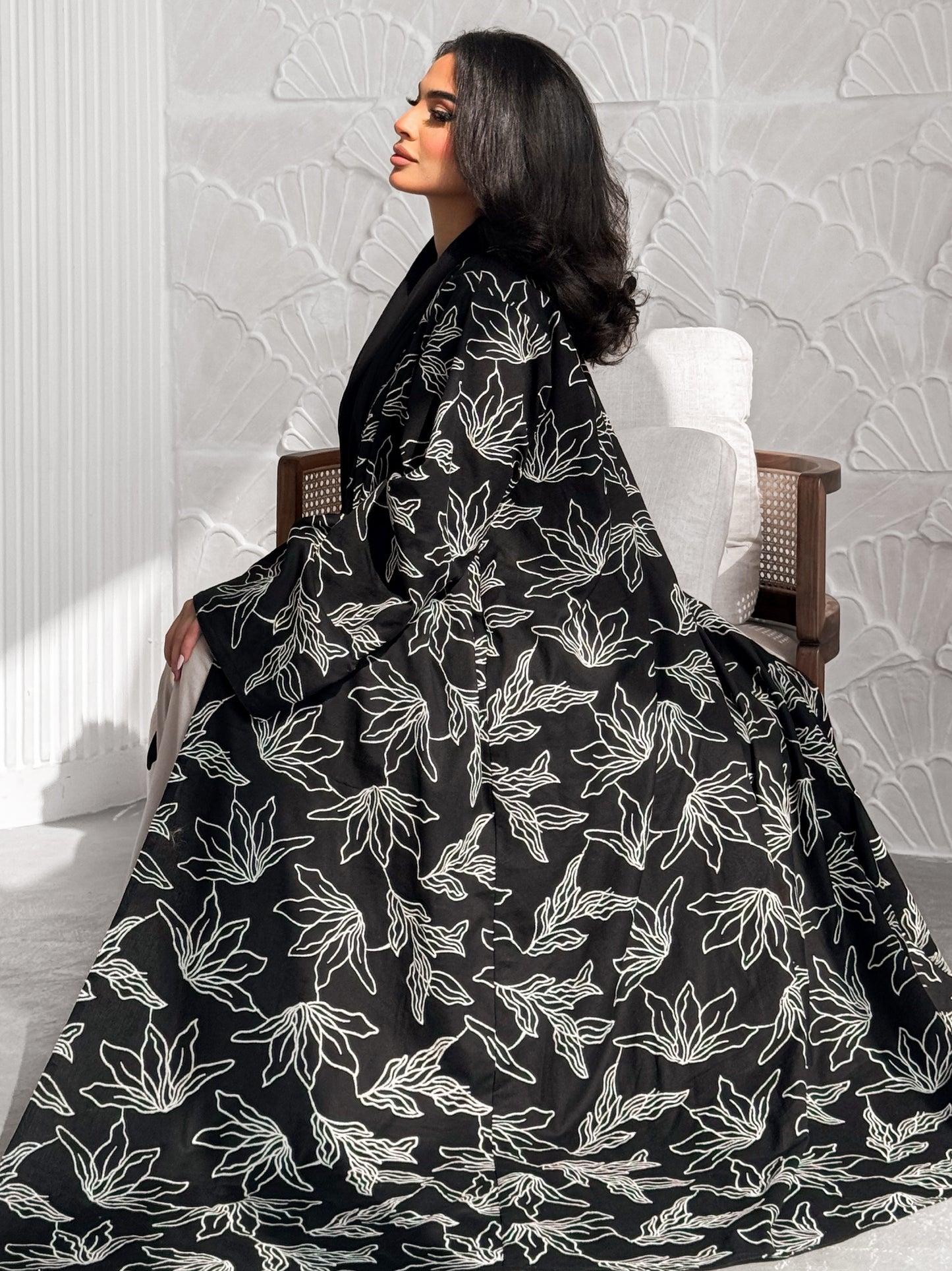 MEI608 - Indian Linen Abaya with Off White Embroidery