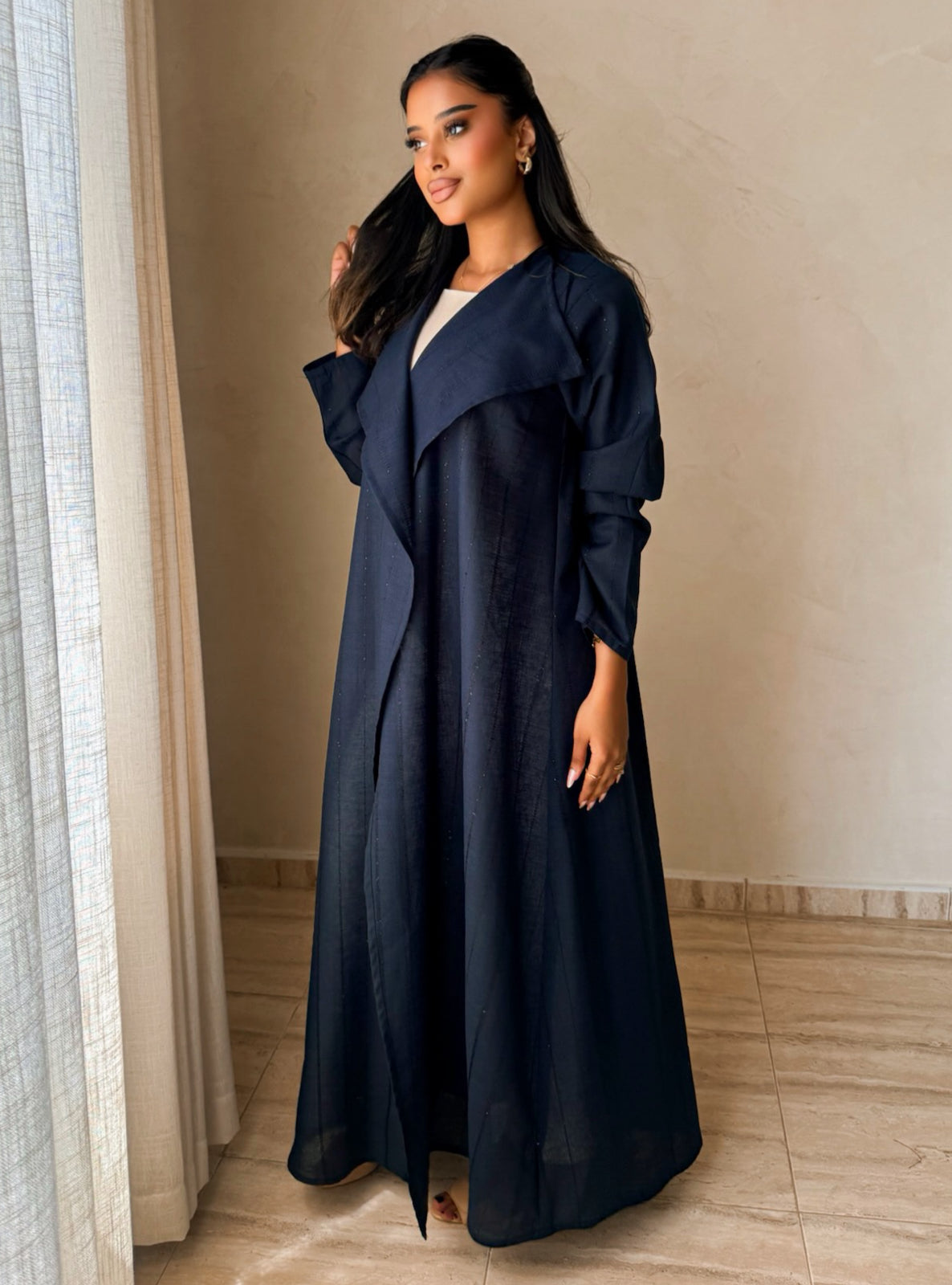 MEI745 - Striped Deep Navy A-Cut Linen Abaya with Matching Headscarf