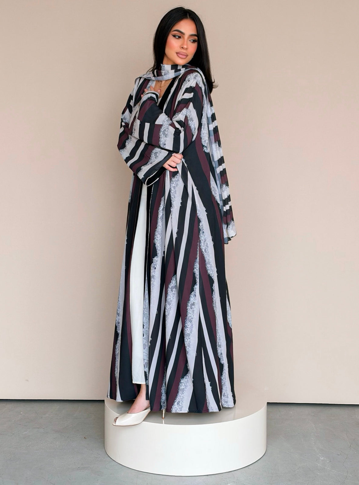 MEI783 - Stripes & Lace Print Half Bisht Abaya with Matching Headscarf