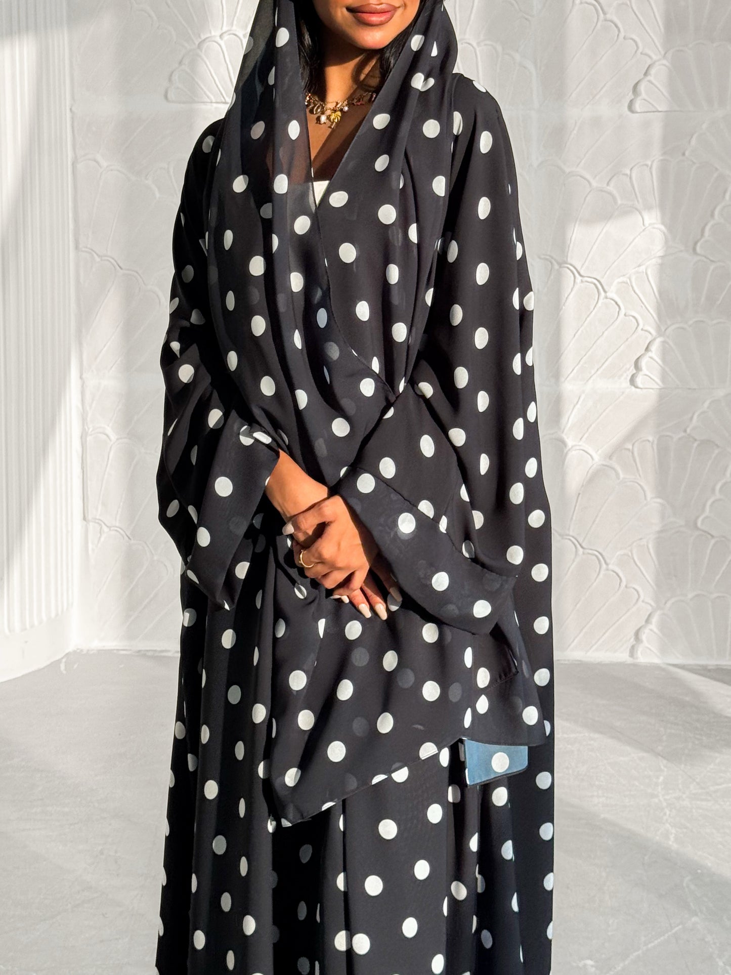 MEI614 - Polka Dots Abaya in Black