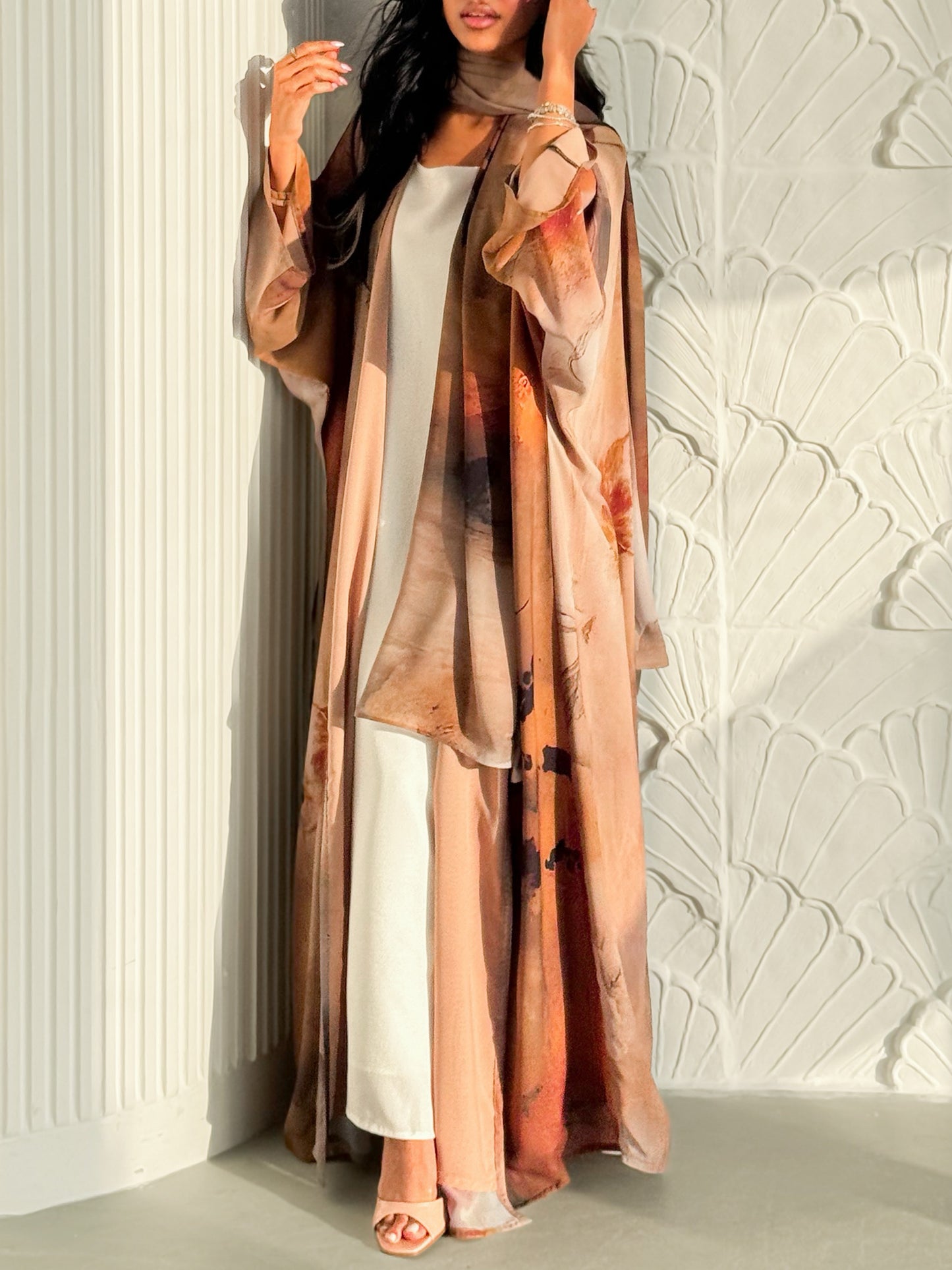MEI626 - Brown Floral Print Abaya