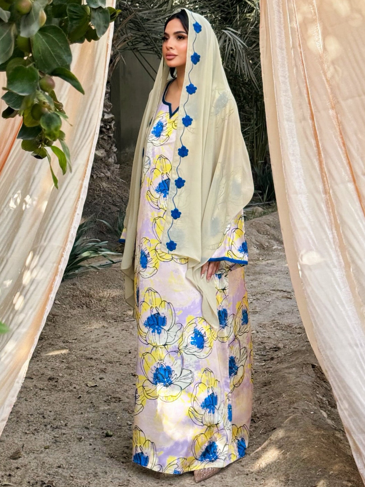 MEI675 - Yellow Floral Embroidered Jalabiya with Headscarf