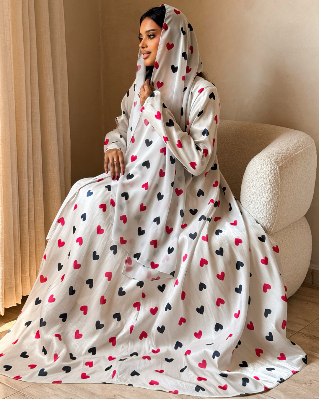 MEI723 - White & Black & Red Hearts A-Cut Organza Abaya 🤍🖤❤️
