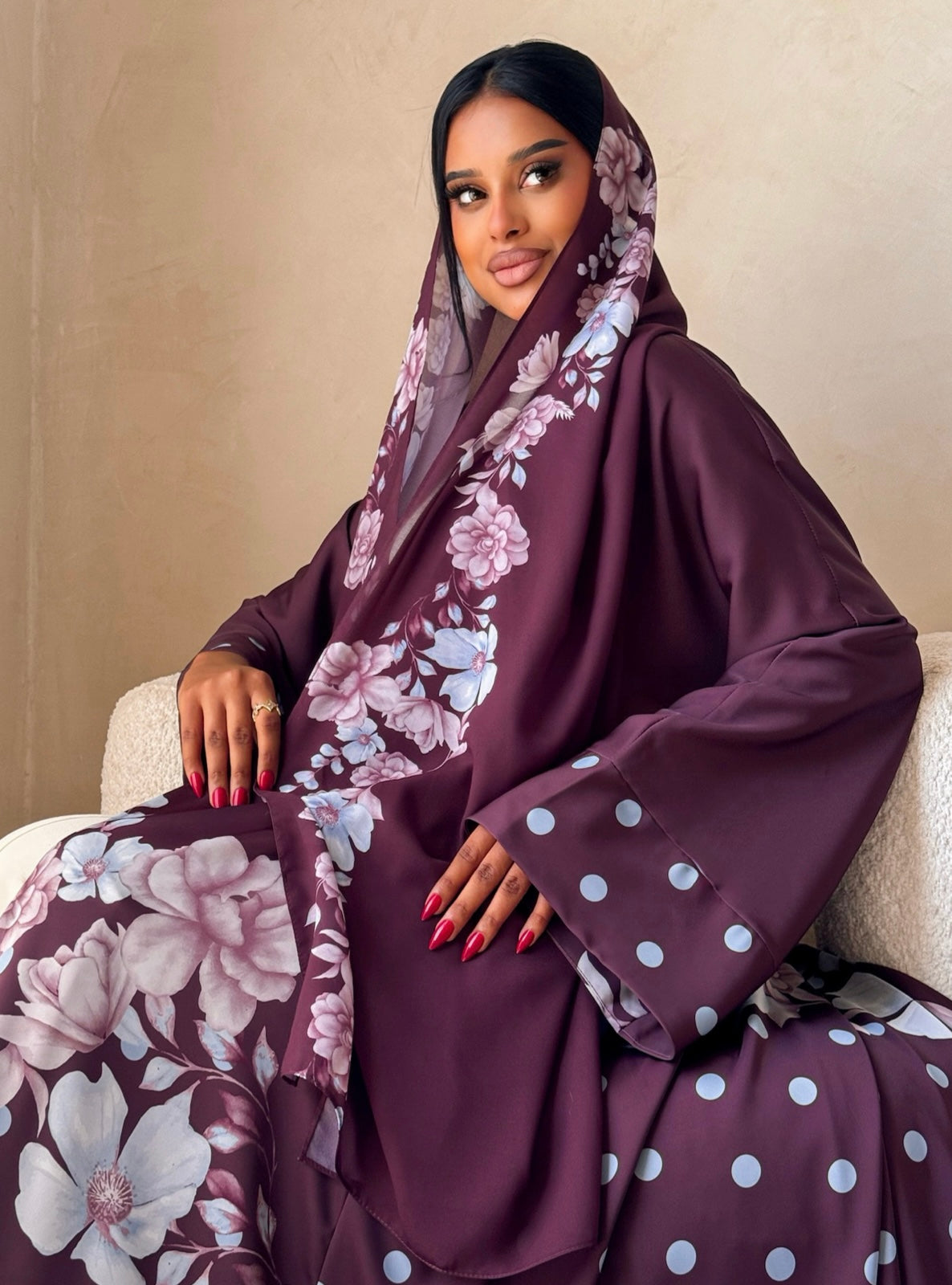 MEI742 - Plum Half Bisht Polka Floral Abaya with Matching Headscarf