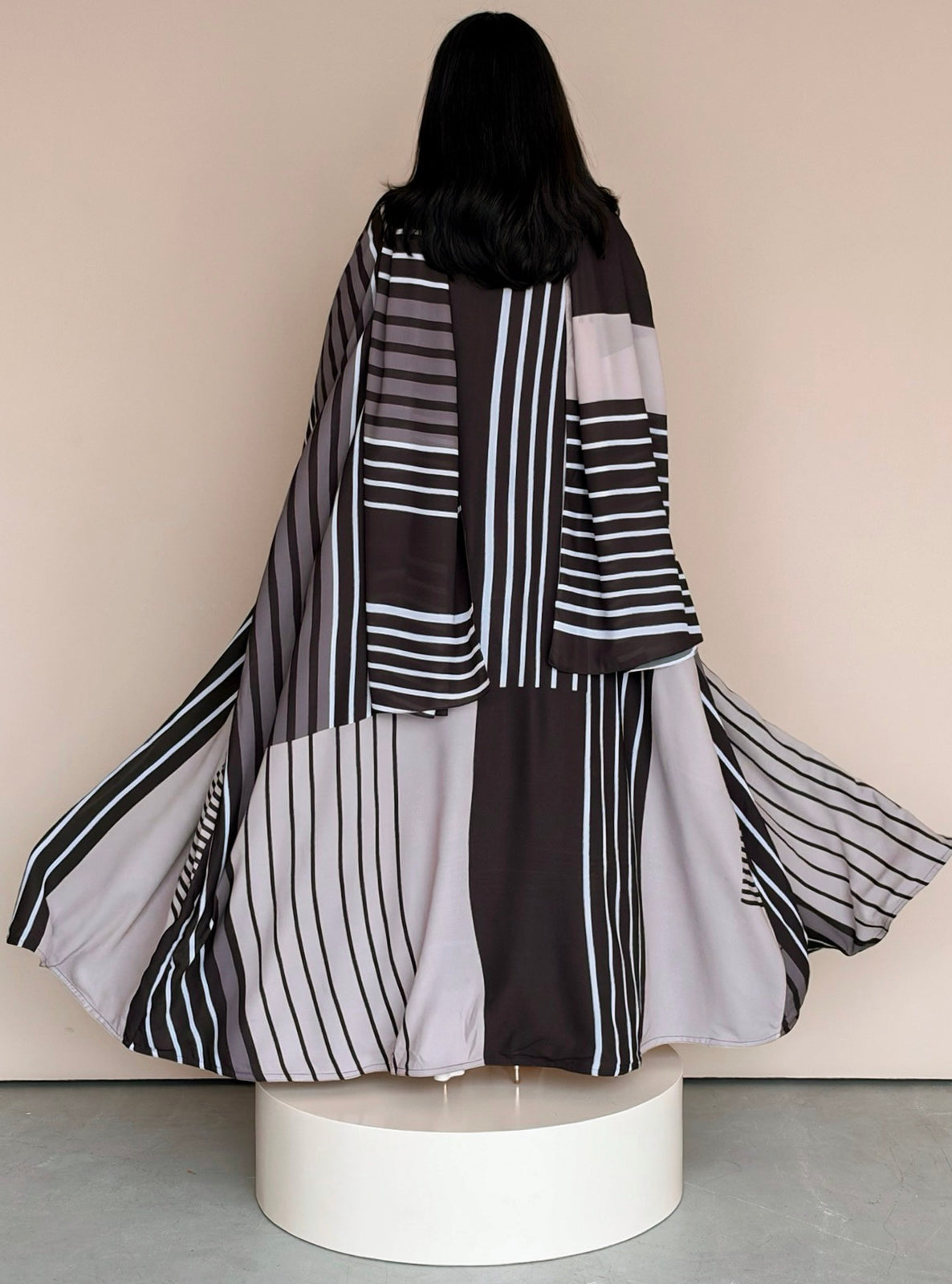 MEI788 - Stripes Print Half Bisht Abaya with Matching Headscarf
