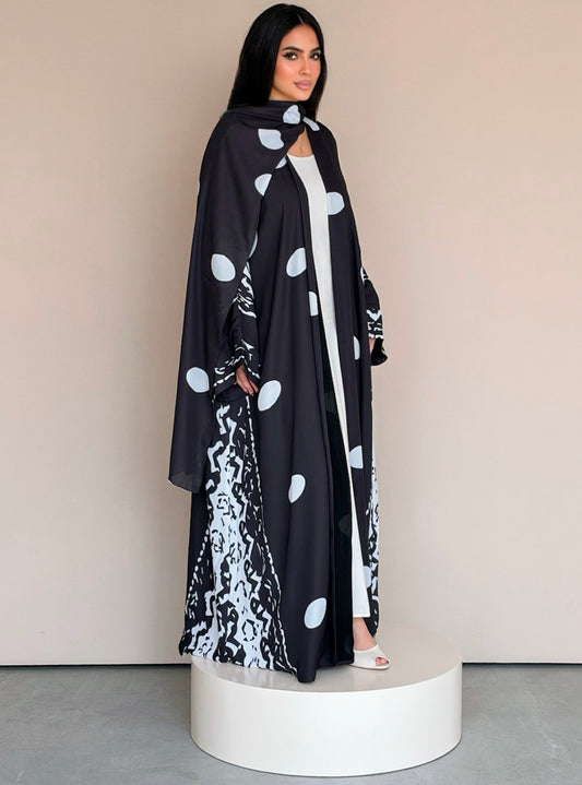 MEI781 - Polka & Abstract Print Half Bisht Abaya with Matching Headscarf