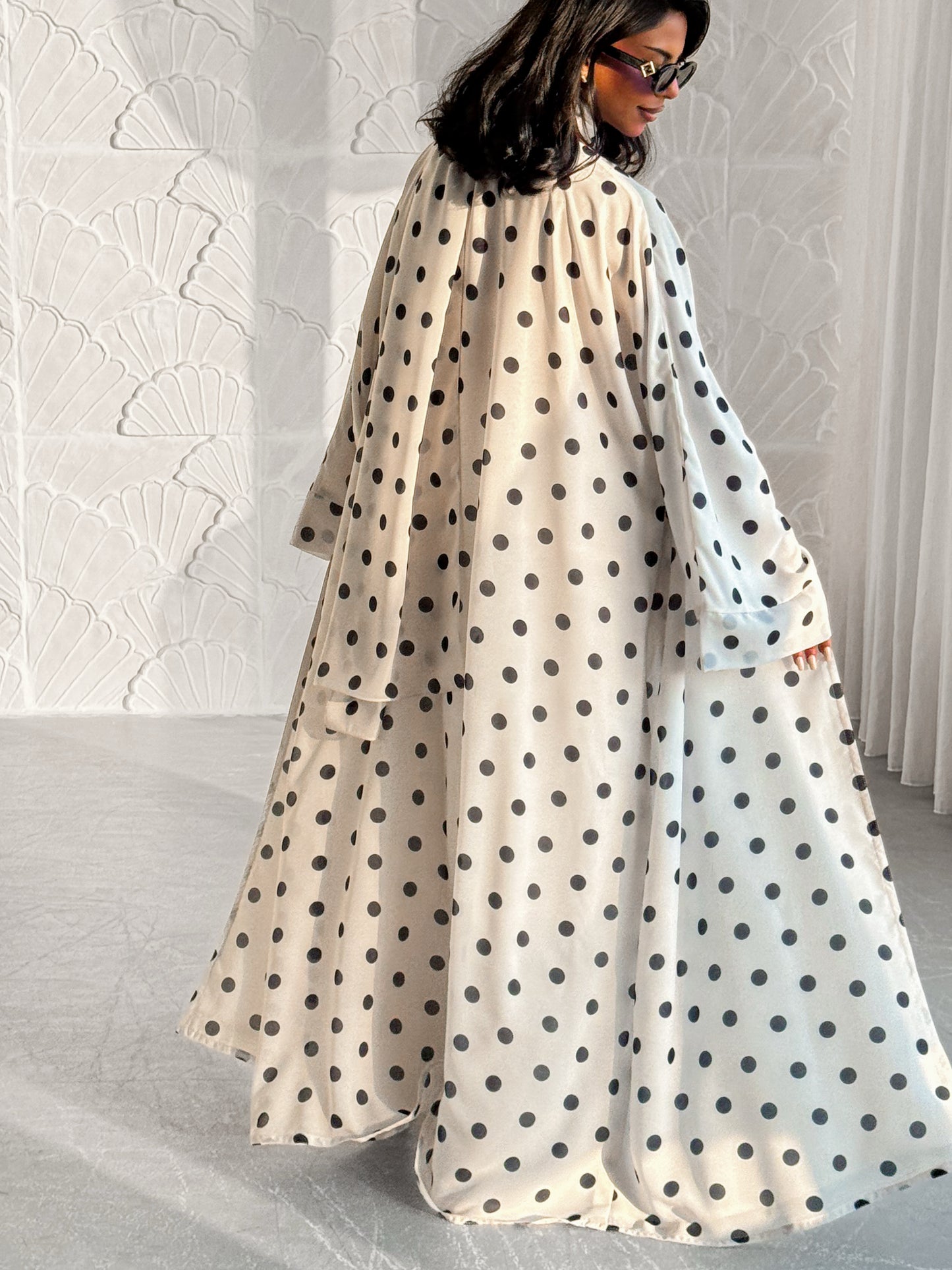 MEI613 - Polka Dots Abaya in Off White