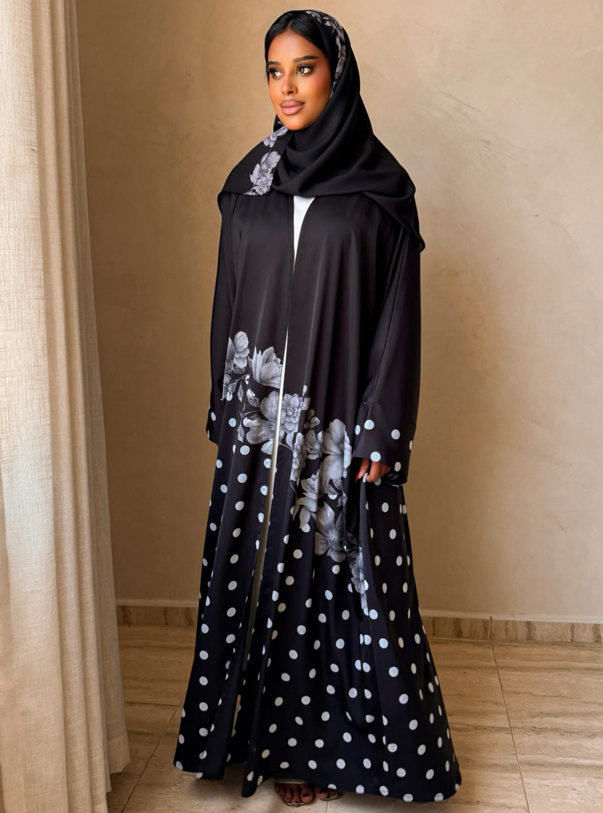 MEI743 - Black Half Bisht Polka Floral Abaya with Matching Headscarf