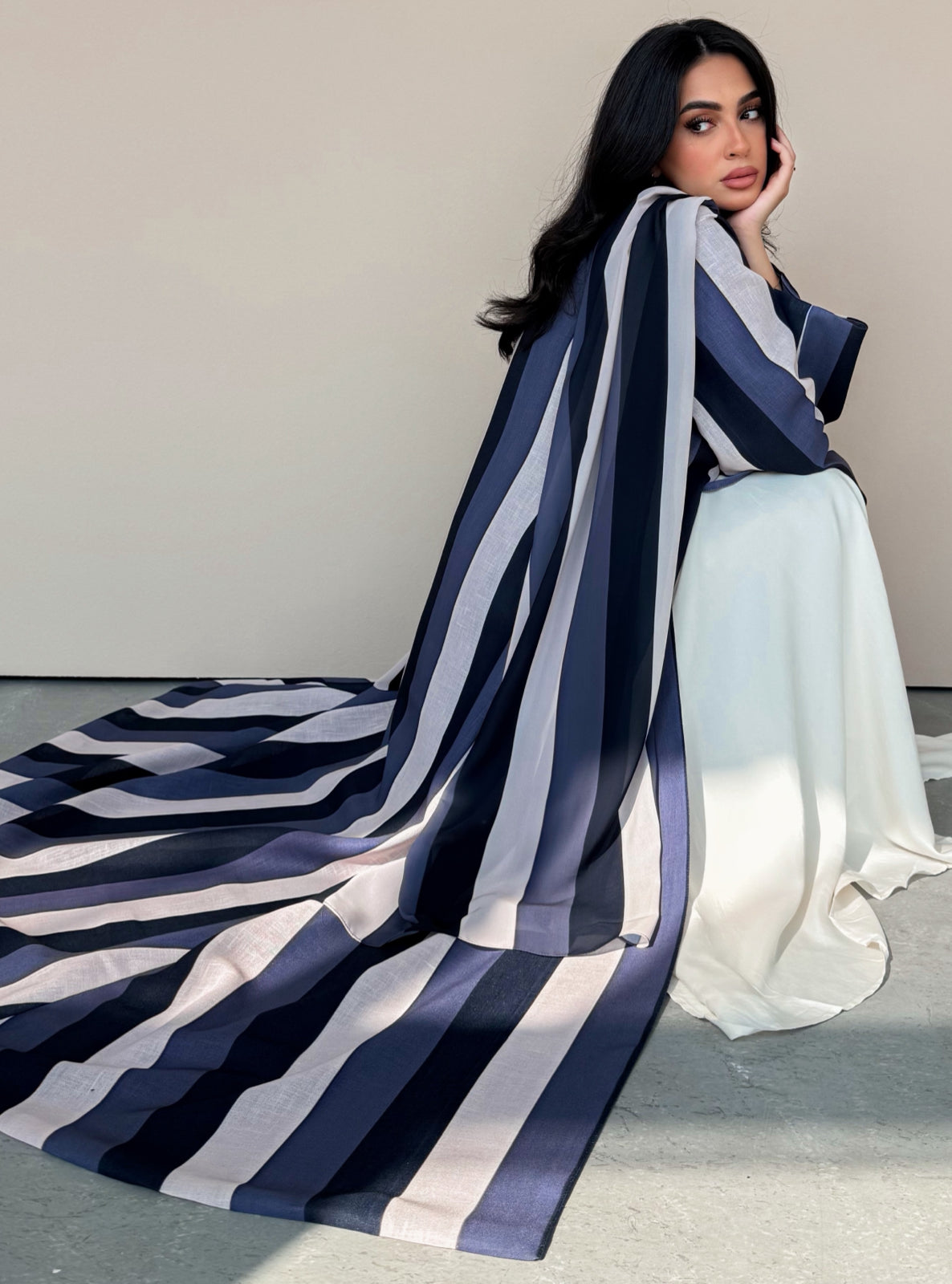 MEI765 - Striped A-Cut Linen Abaya with Matching Headscarf