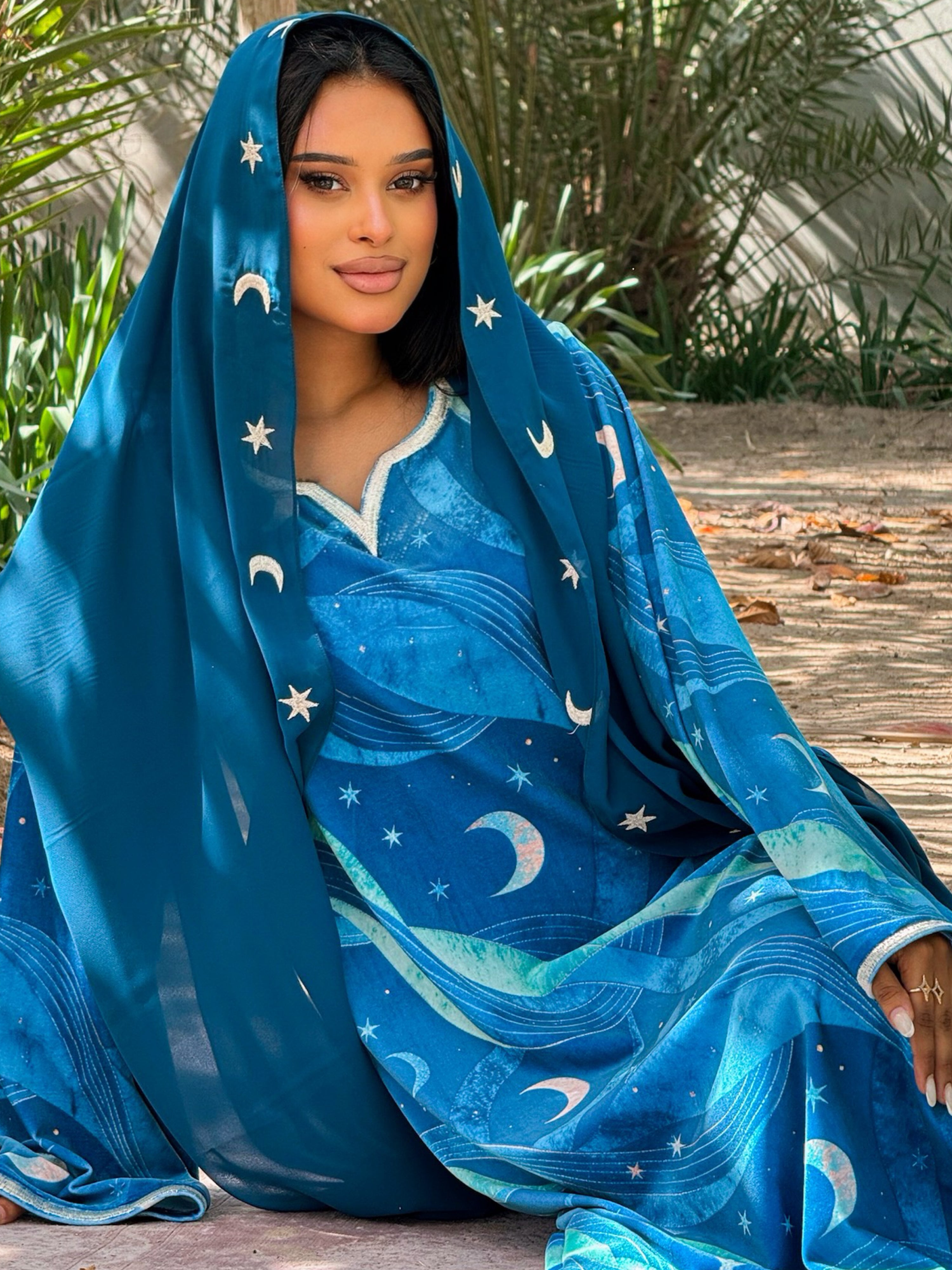 MEI707 - Teal Stars & Moon Embroidered Jalabiya with Headscarf