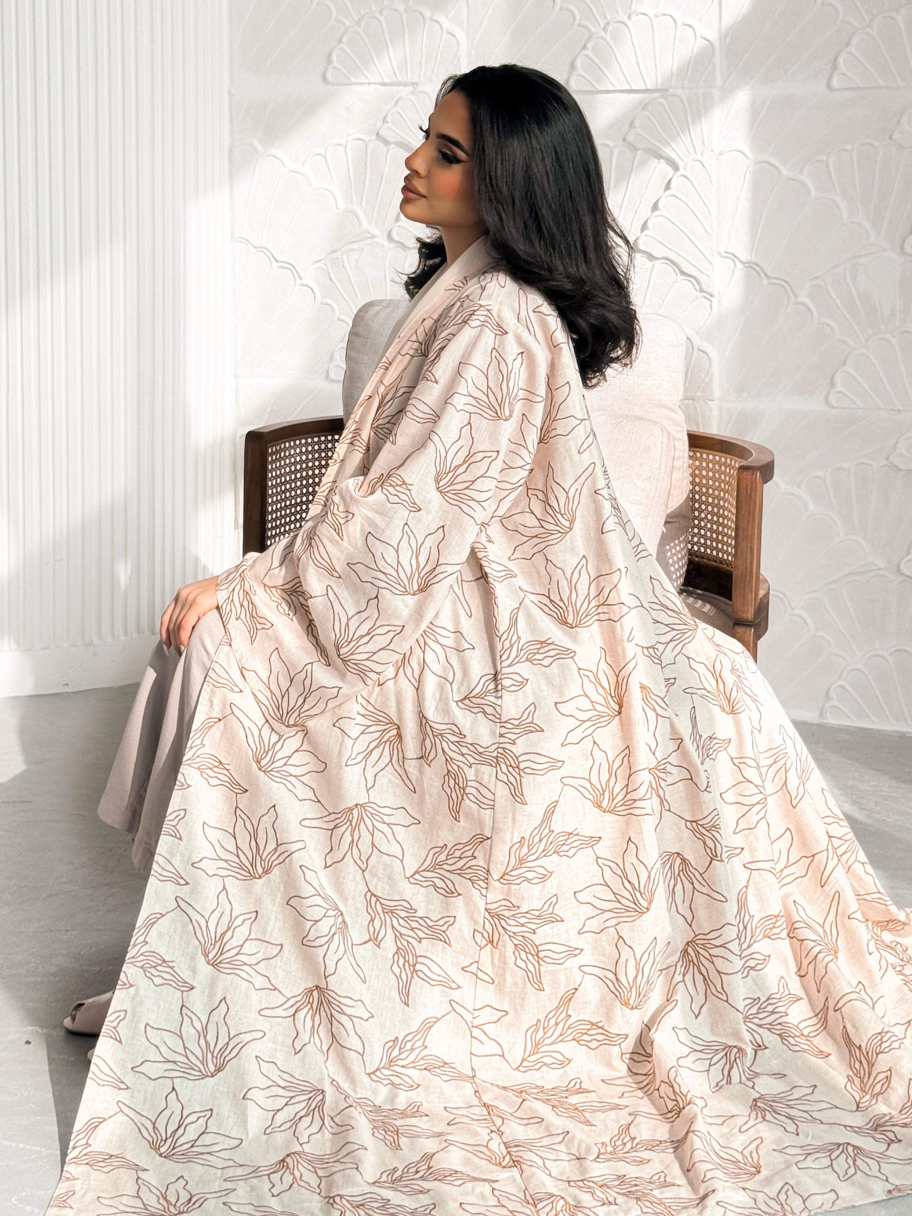 MEI606 - Indian Linen Abaya with Brown Embroidery