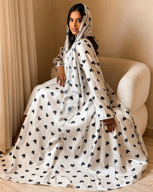 MEI720 - White & Black Hearts Organza Abaya 🤍🖤