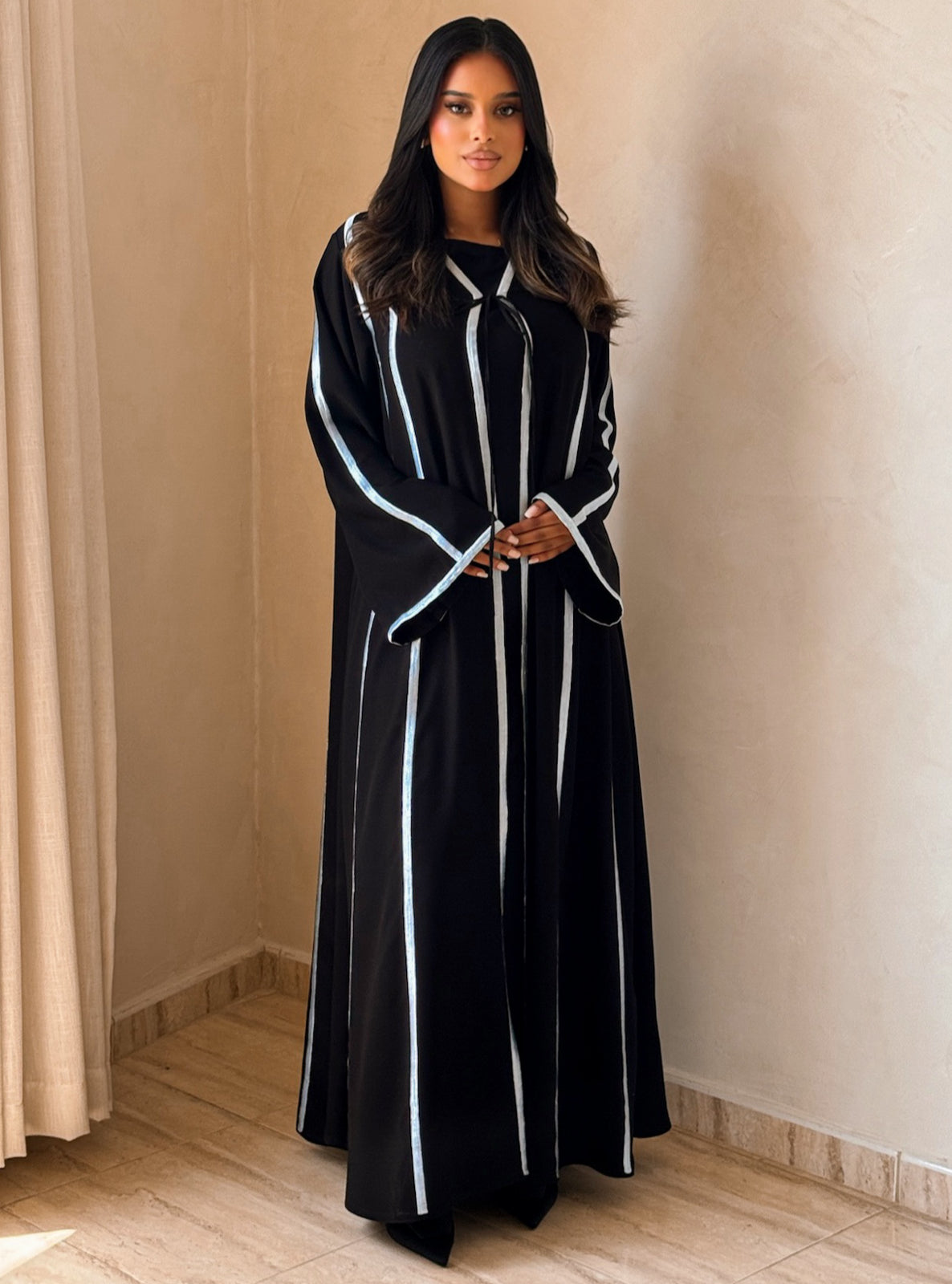 MEI733 - Black A-Cut Abaya with Light Blue Embroidery & Matching Headscarf