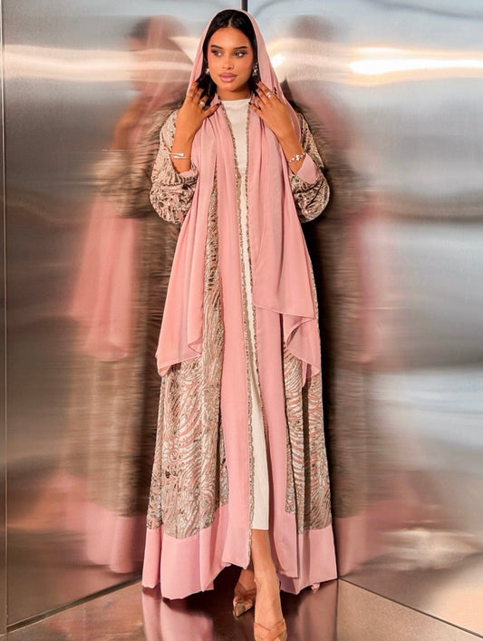 MEI663 - Pink & Grey Velvet Abaya