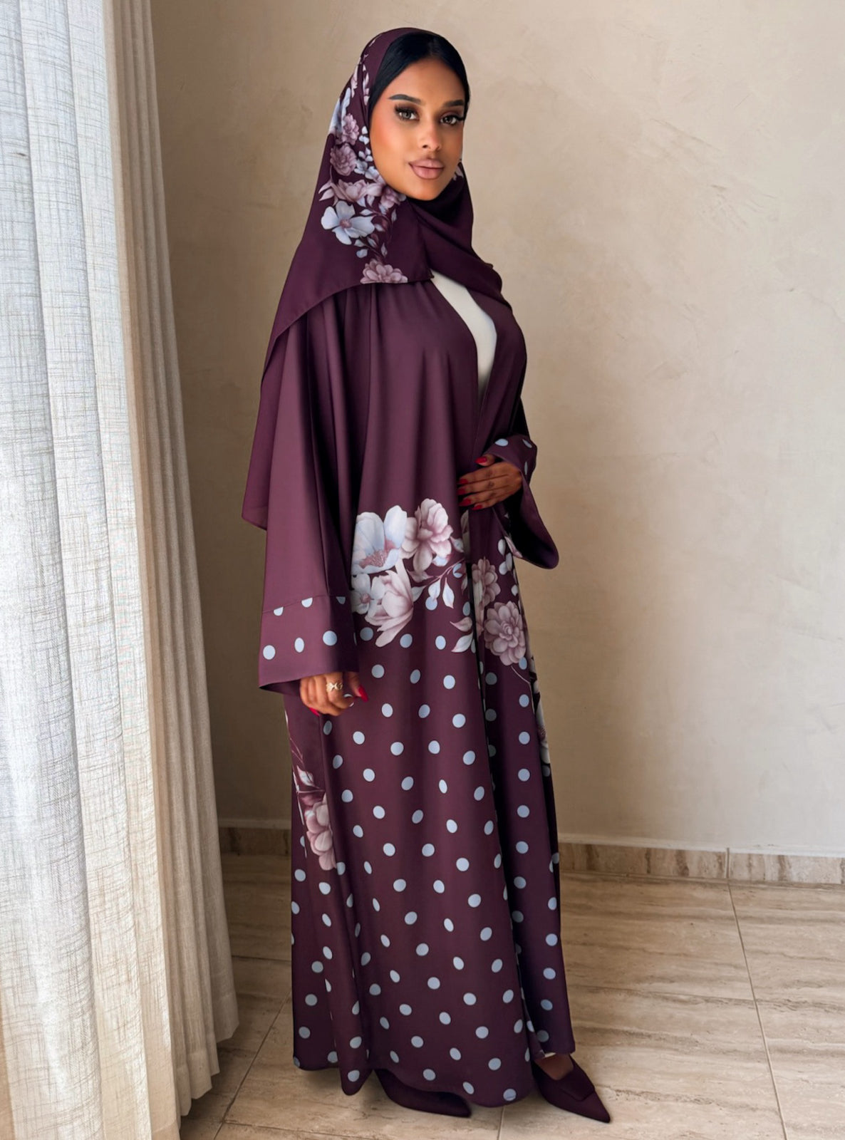 MEI742 - Plum Half Bisht Polka Floral Abaya with Matching Headscarf