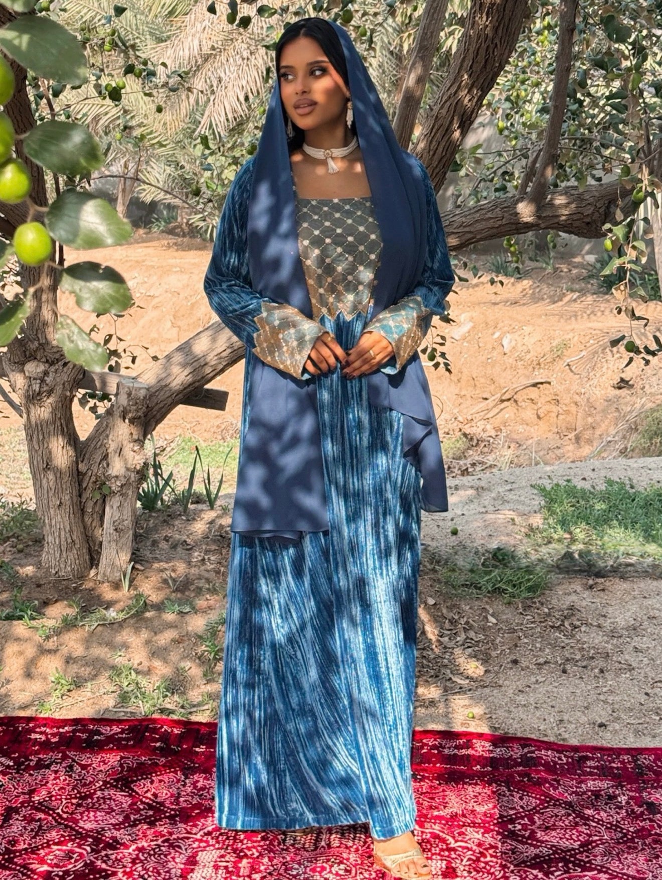 MEI670 - Blue Velvet & Embroidered Silk Jalabiya with Headscarf