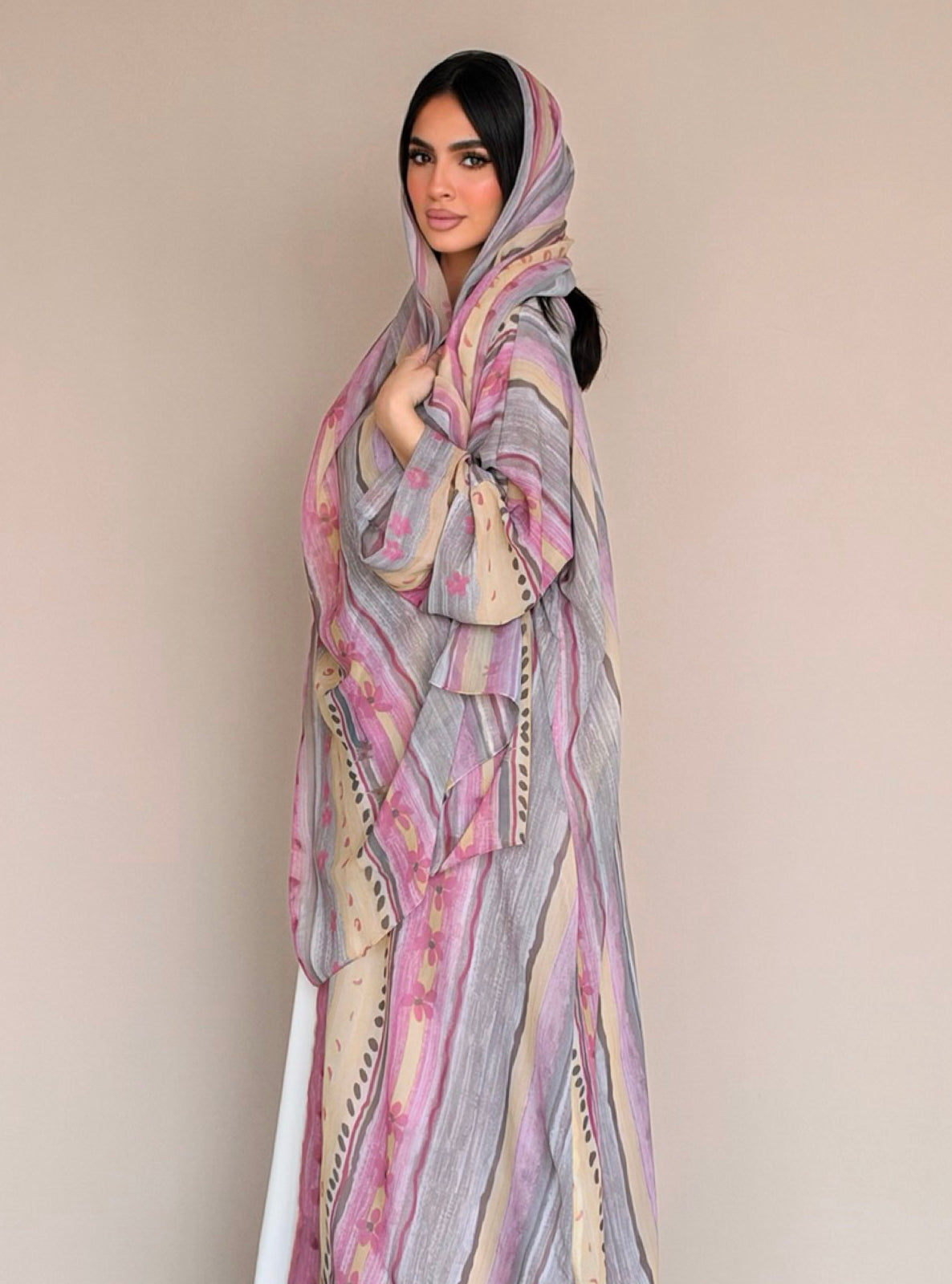 MEI785 - Floral & Stripes Print Half Bisht Abaya with Matching Headscarf