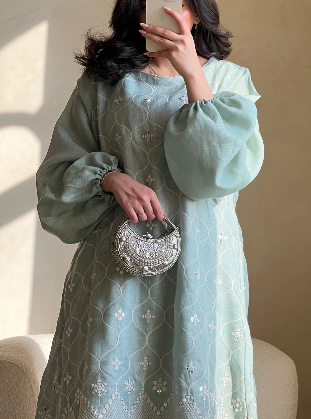 MEI527 - Light Turquoise Embroidered Jalabiya