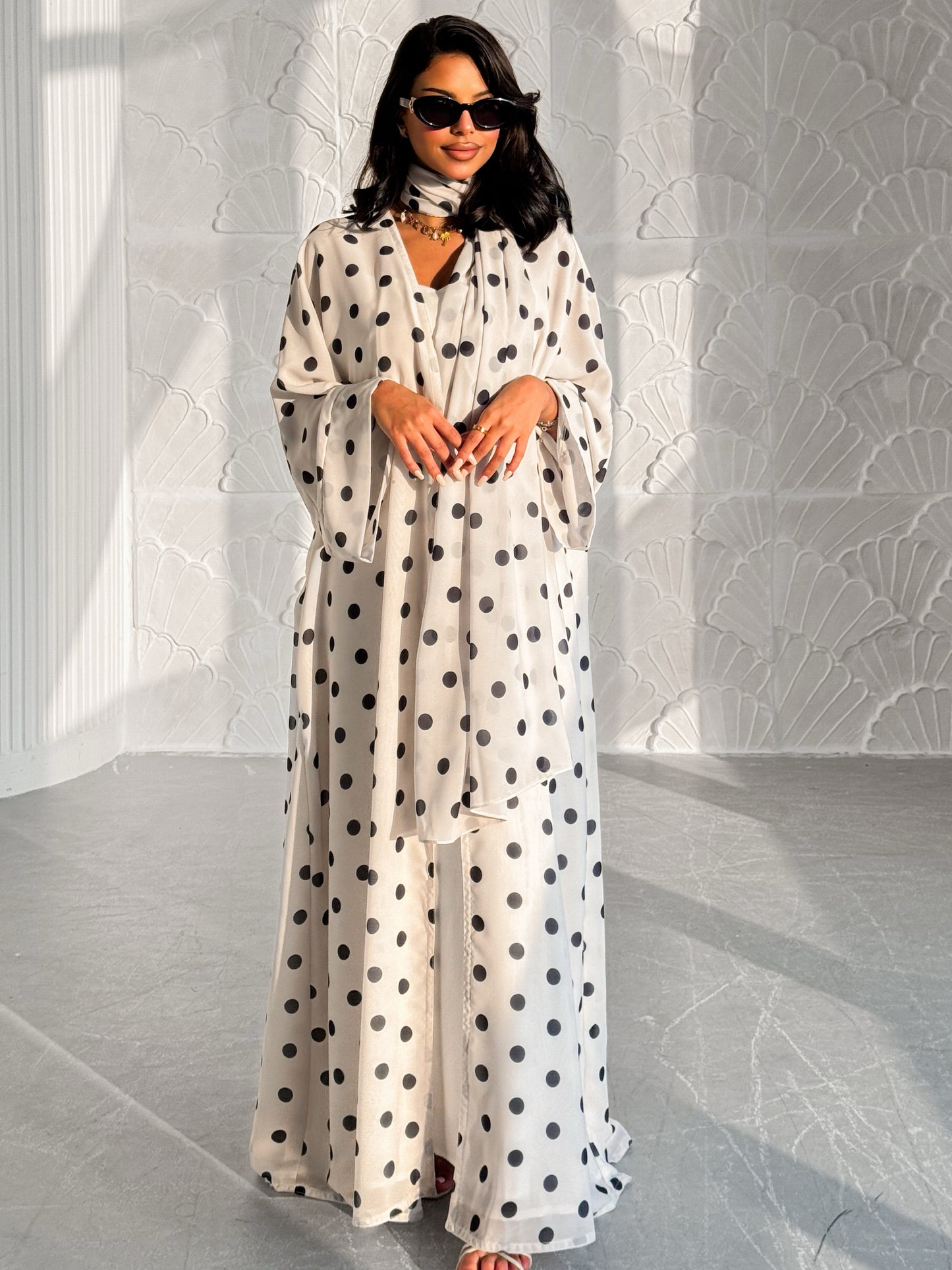 MEI613 - Polka Dots Abaya in Off White