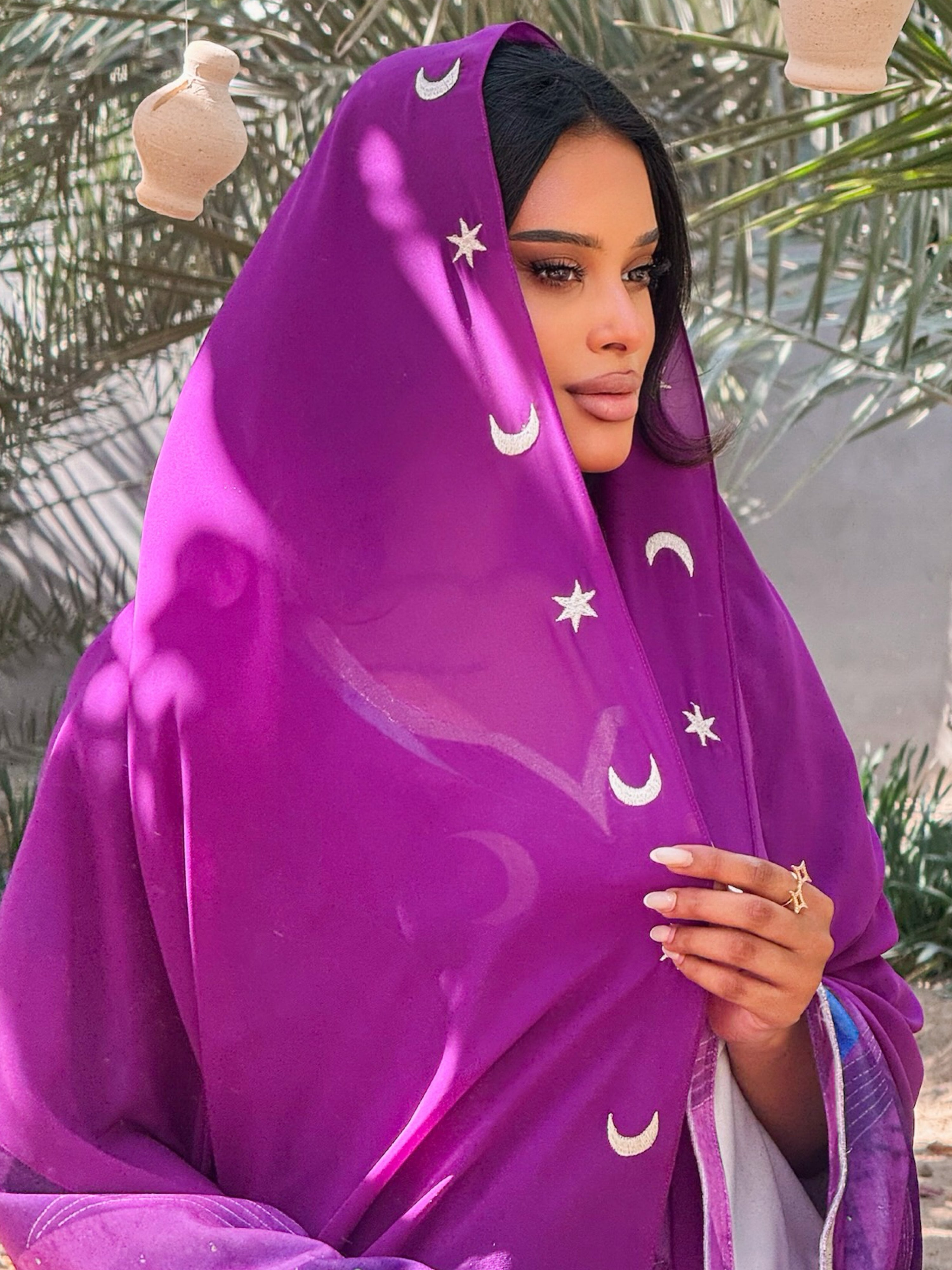 MEI708 - Purple Stars & Moon Embroidered Jalabiya with Headscarf