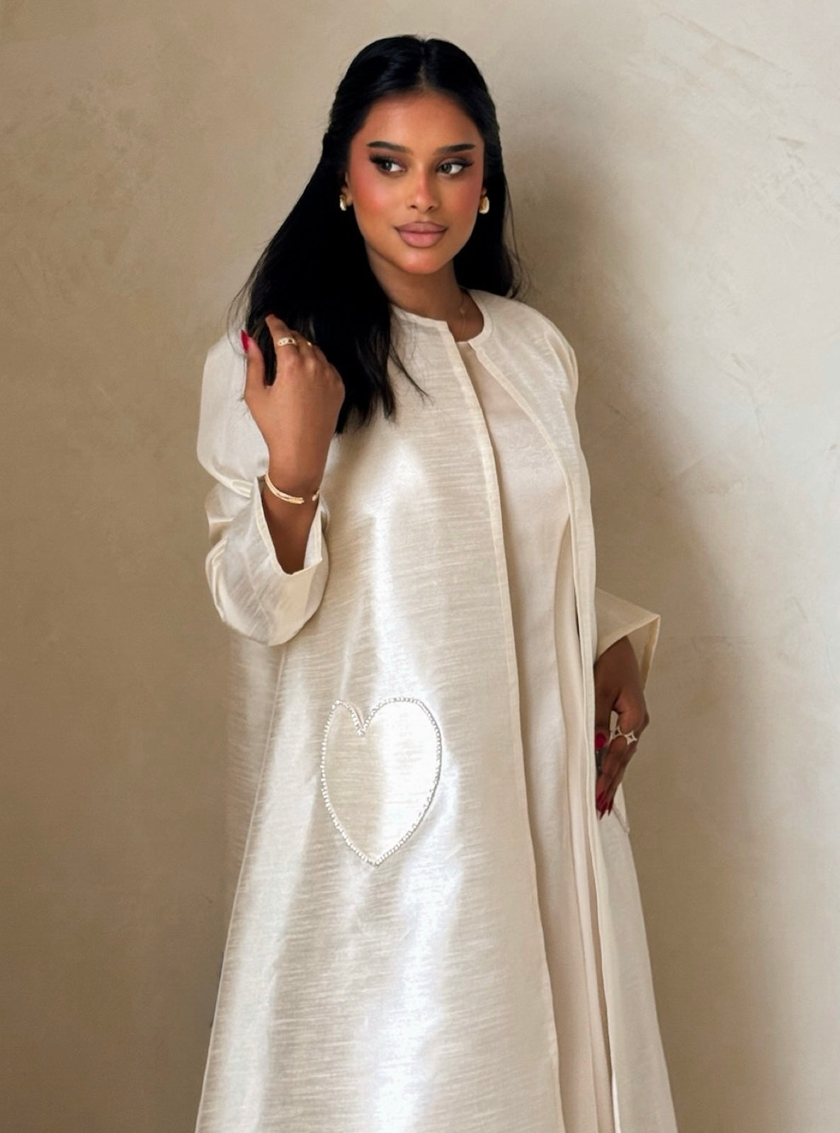 MEI729 - Off White A-Cut Taffeta & Crystals Abaya with Headscarf