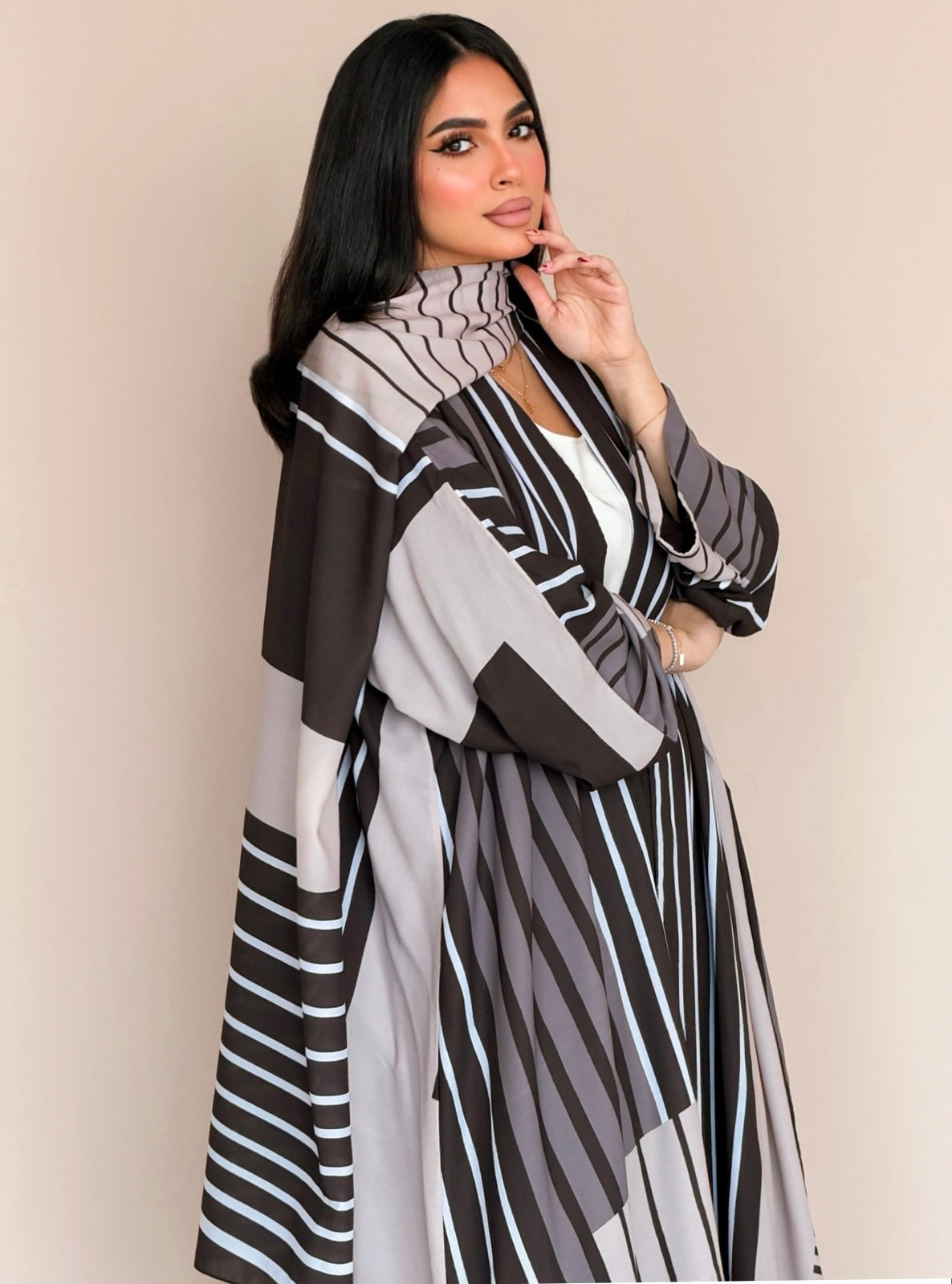 MEI788 - Stripes Print Half Bisht Abaya with Matching Headscarf