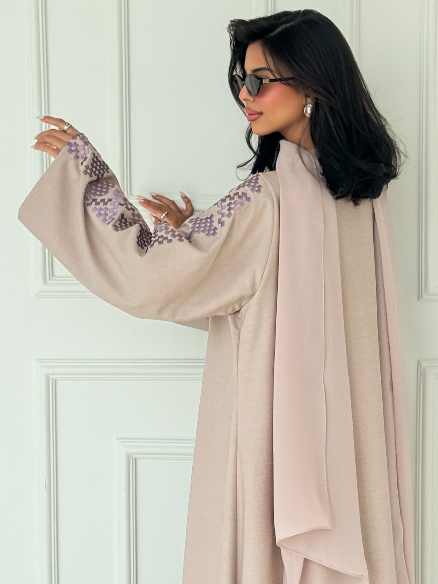 MEI620 - Nude Abaya with Lavender Embroidery
