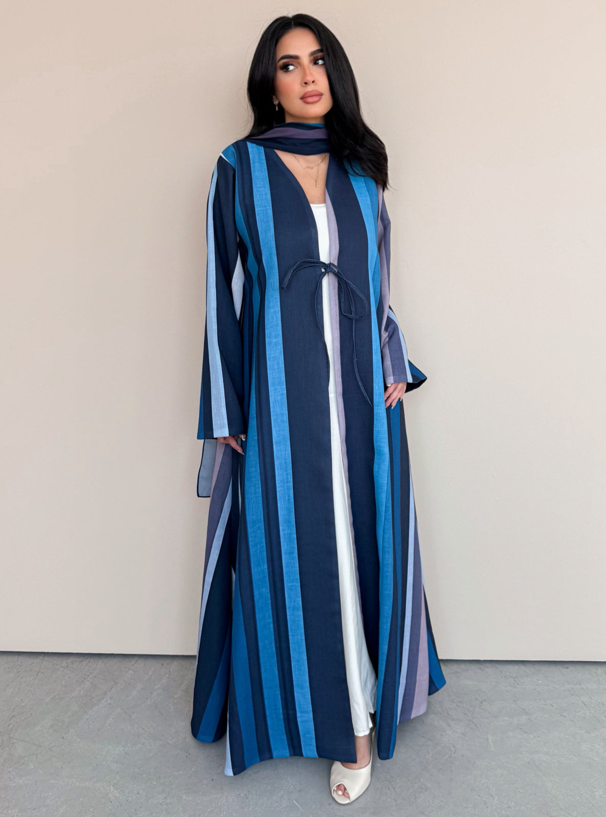 MEI763 - Striped A-Cut Linen Abaya with Matching Headscarf