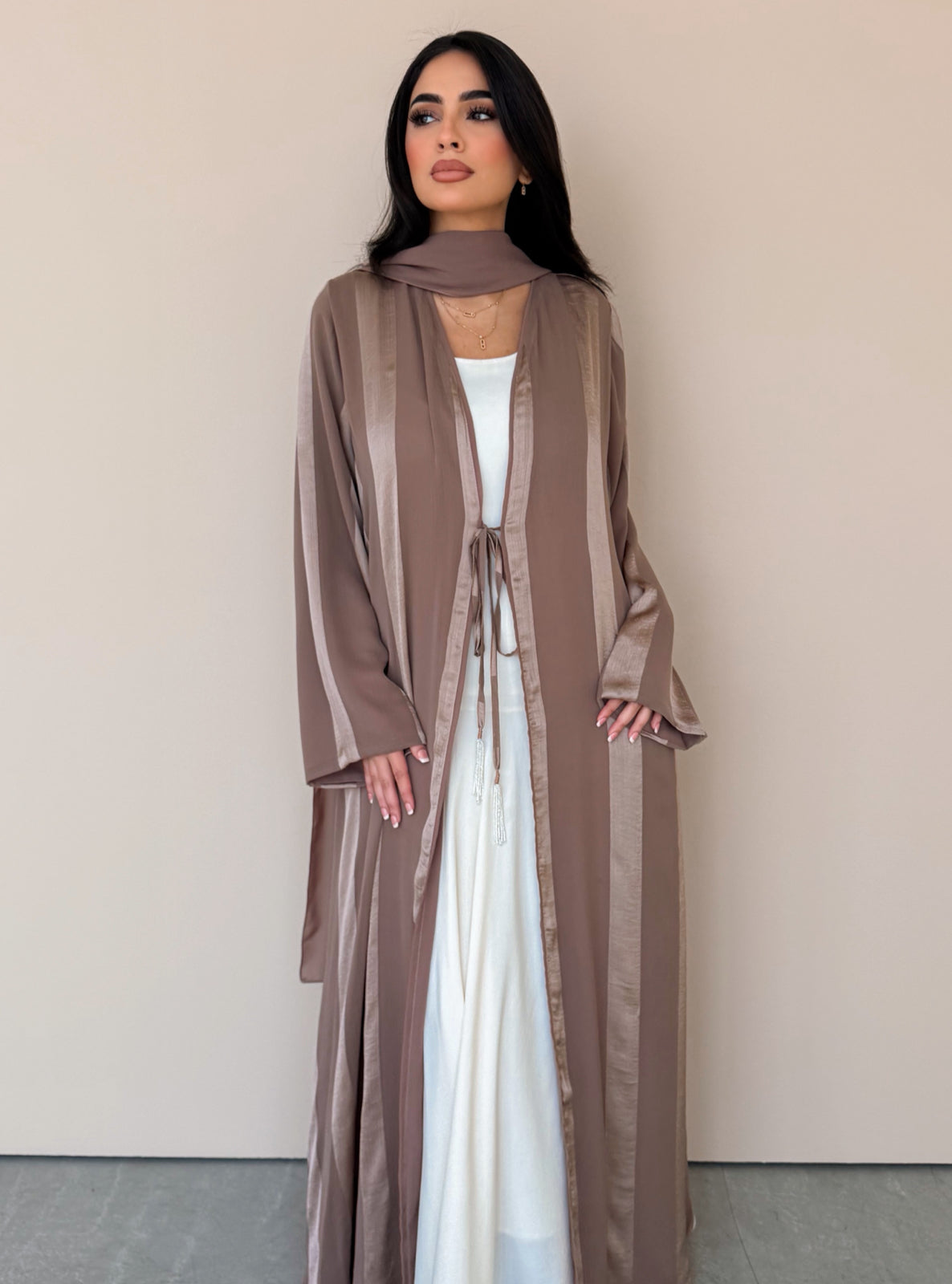 MEI767 - Aura A-Cut Abaya in Warm Taupe with Matching Headscarf