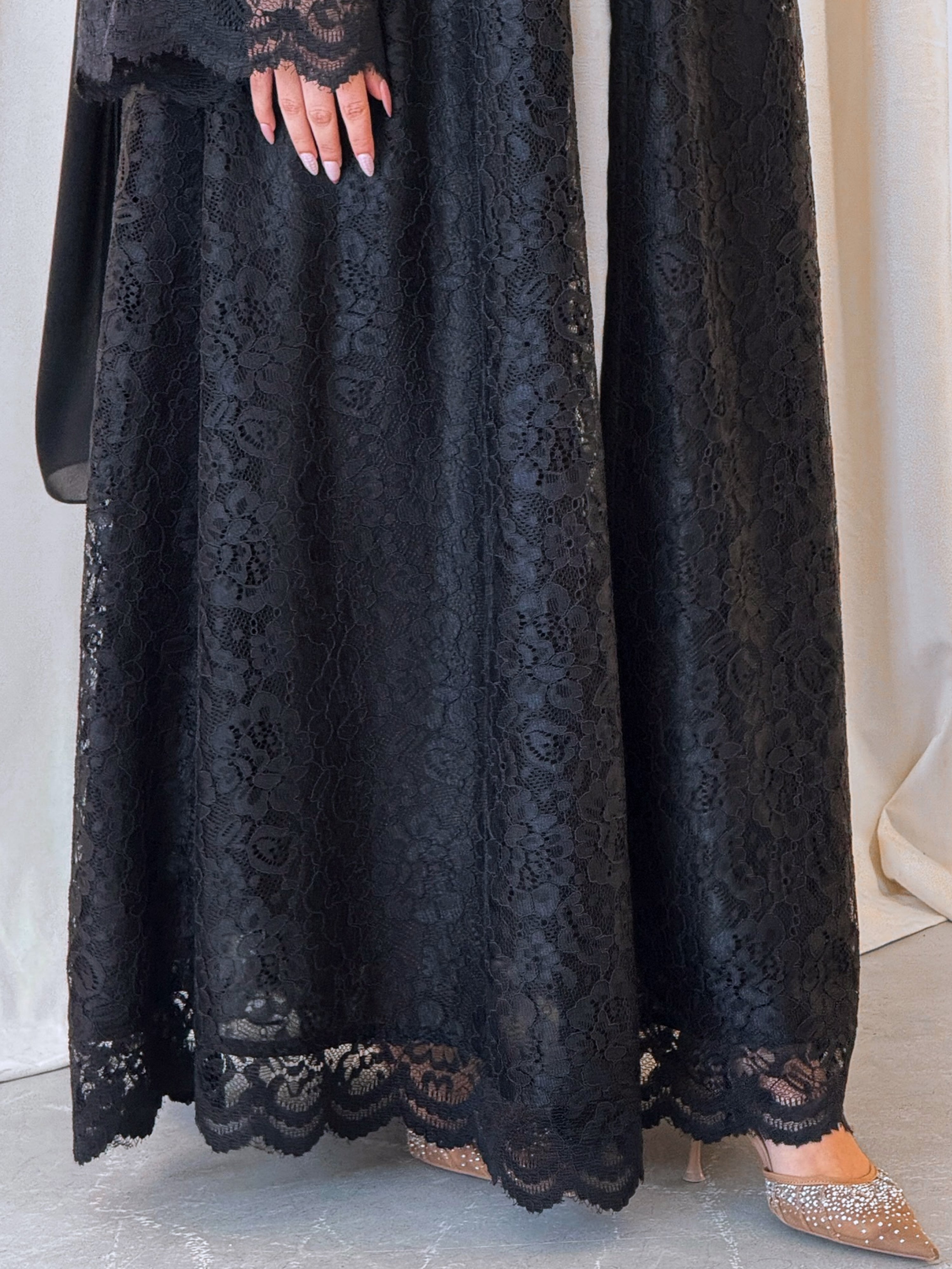 MEI711 - Black Lace Abaya with Matching Headscarf