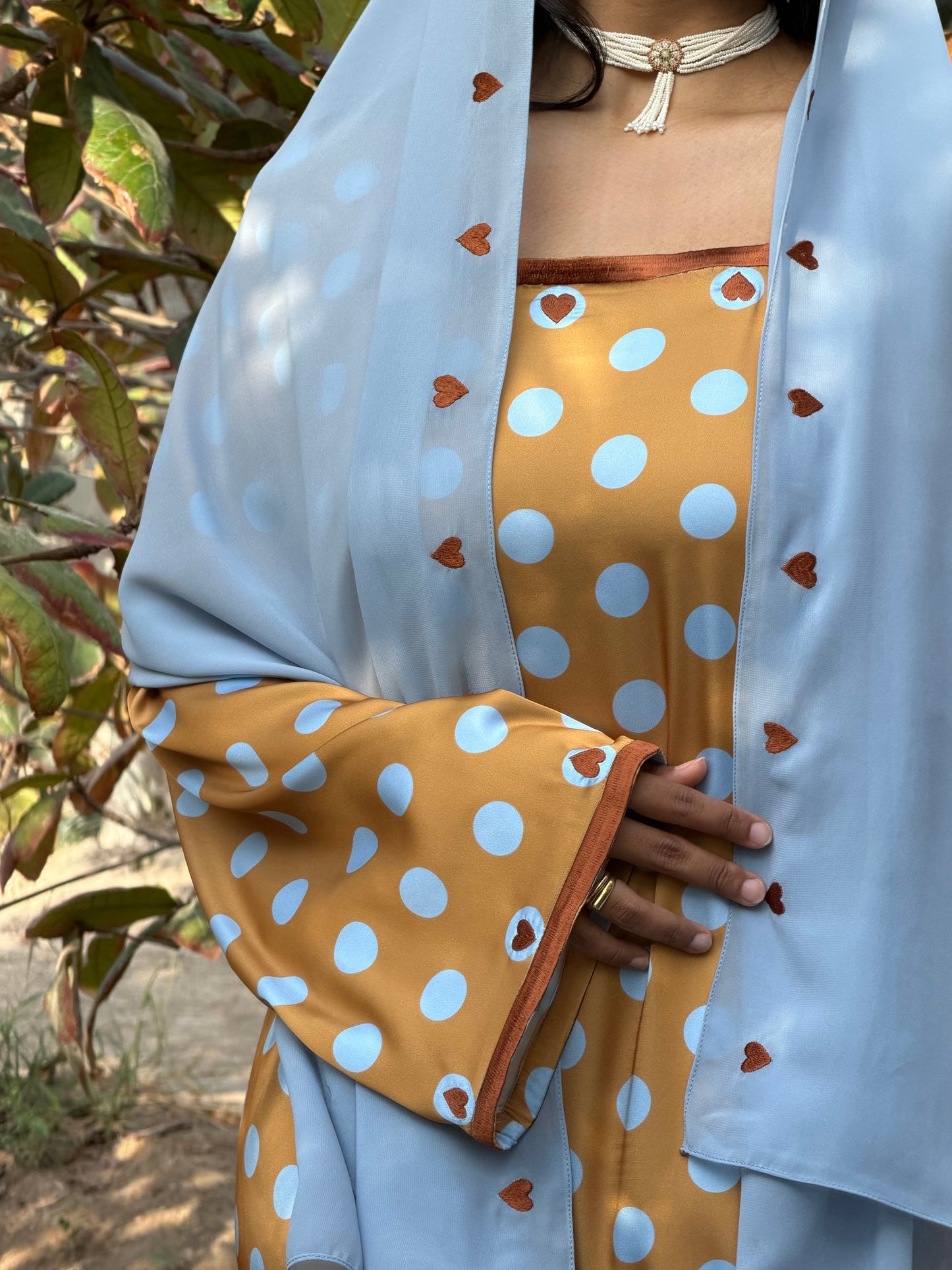MEI691 - Gold/Baby Blue Polka Dots & Hearts Embroidered Jalabiya with Headscarf